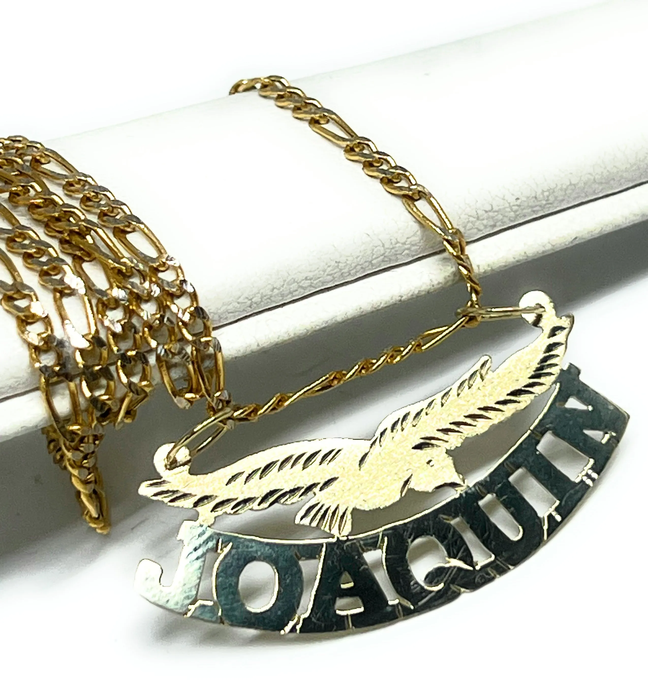 10k Solid Gold Custom BLOCK STYLE EAGLE Nameplate Pendant Necklace with Chain Options