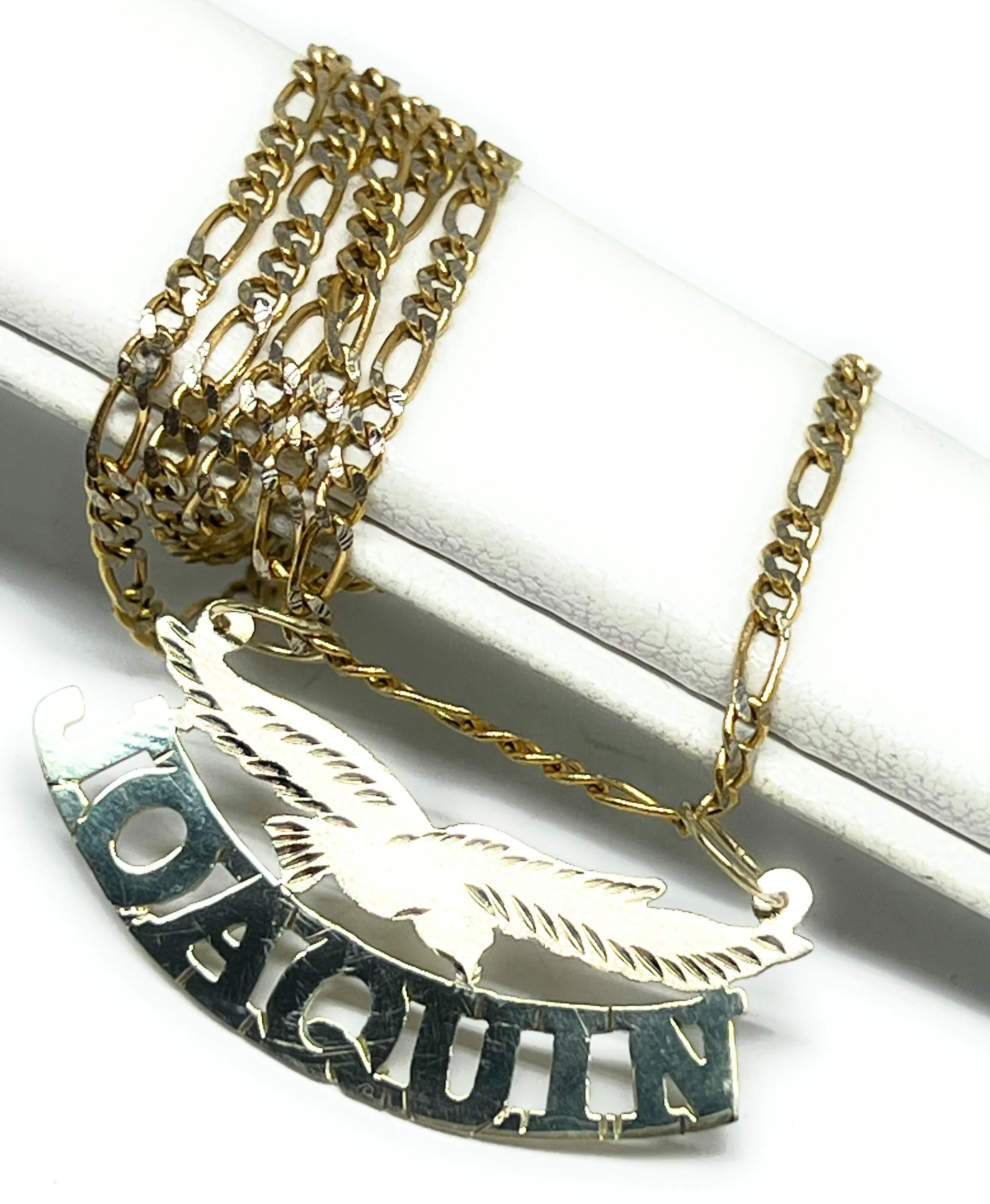 10k Solid Gold Custom BLOCK STYLE EAGLE Nameplate Pendant Necklace with Chain Options