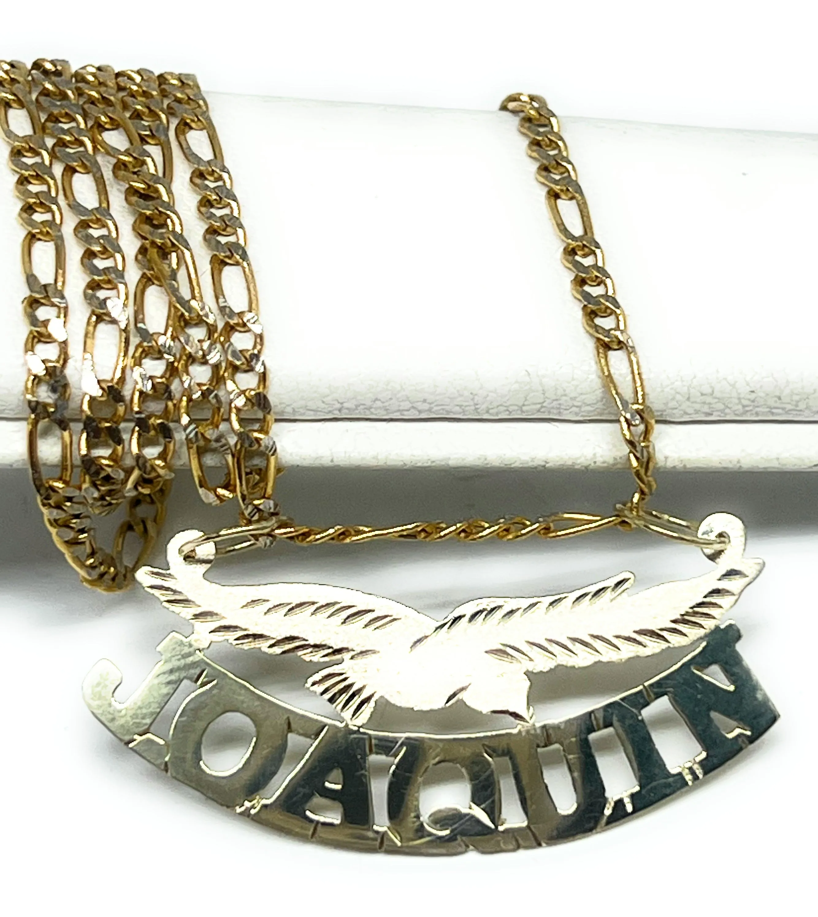 10k Solid Gold Custom BLOCK STYLE EAGLE Nameplate Pendant Necklace with Chain Options