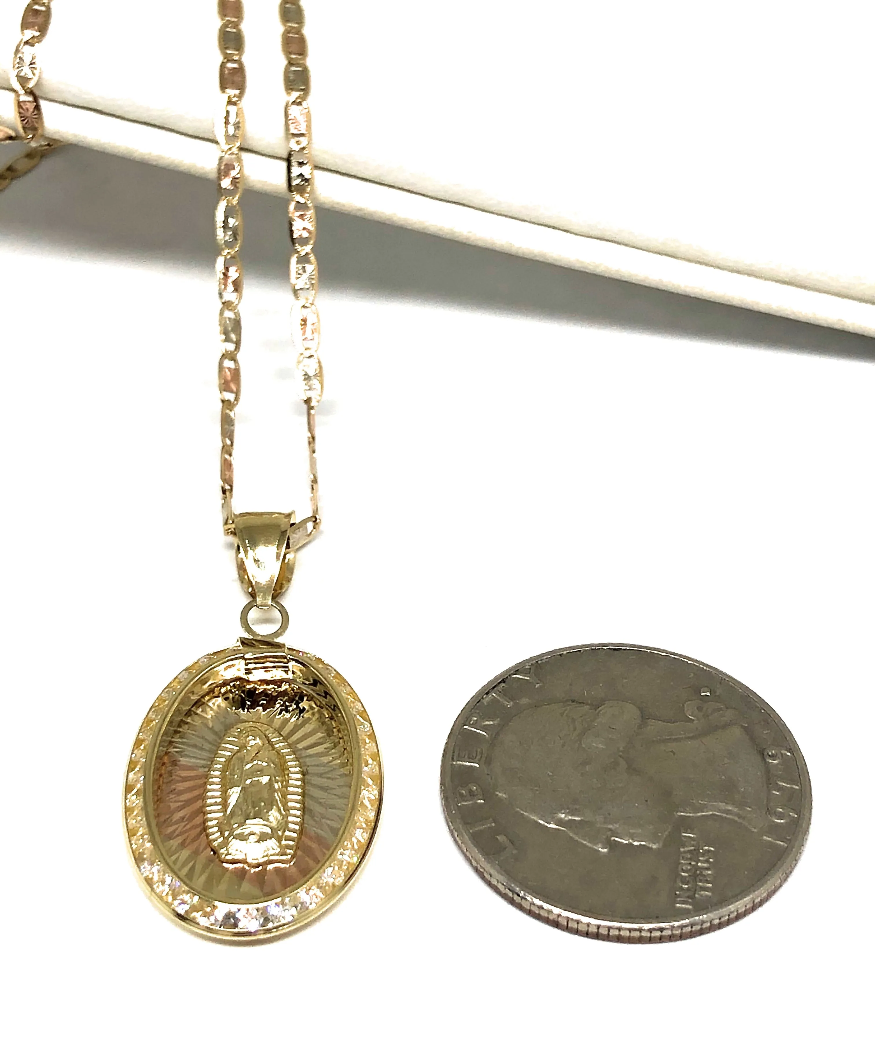 10k Solid Gold Tri-Color Virrgin Mary Oval Pendant Necklace W/ CZ Virrgen Gaudalupe Valentina Chain