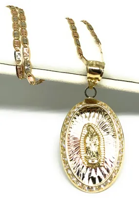 10k Solid Gold Tri-Color Virrgin Mary Oval Pendant Necklace W/ CZ Virrgen Gaudalupe Valentina Chain