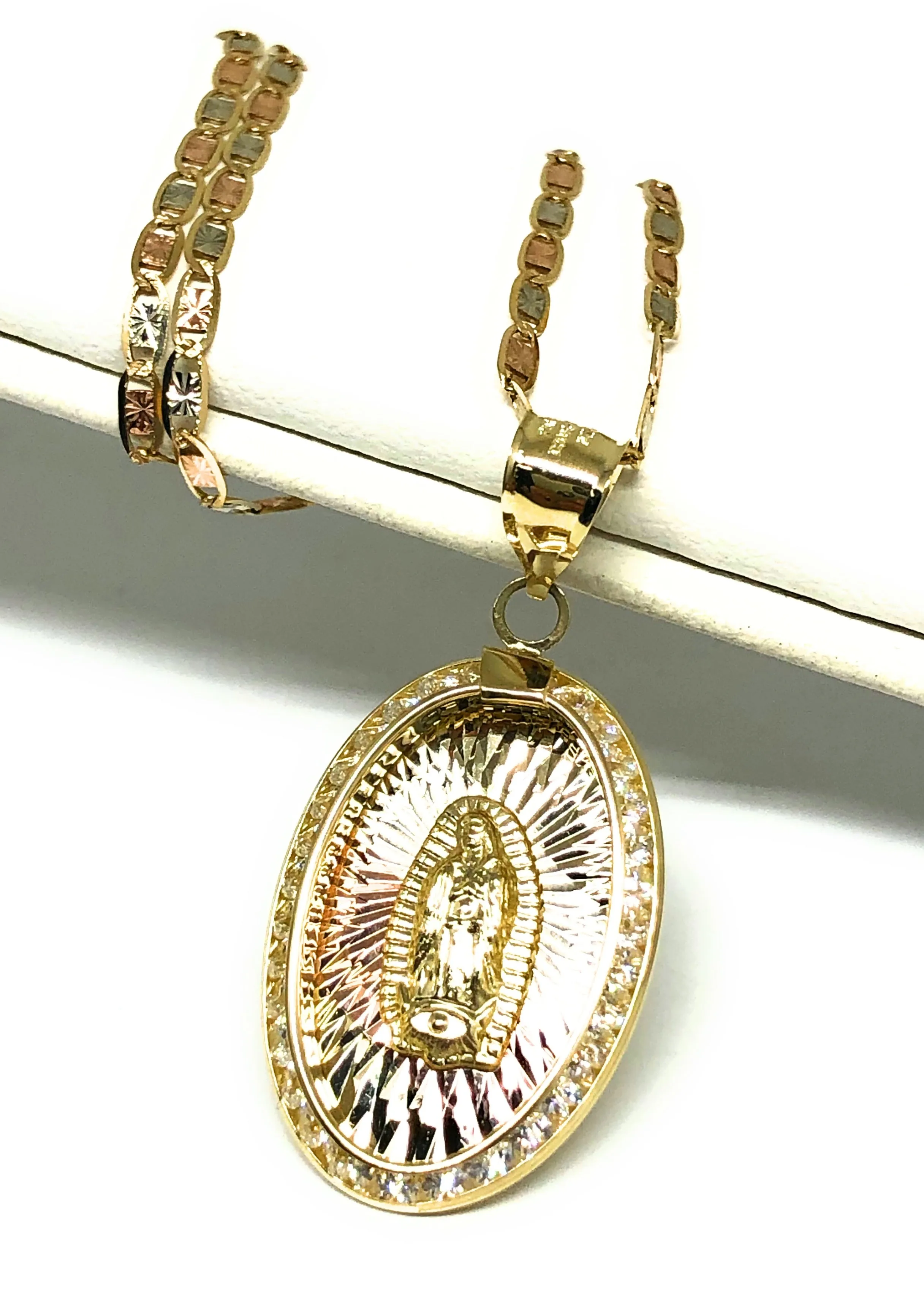 10k Solid Gold Tri-Color Virrgin Mary Oval Pendant Necklace W/ CZ Virrgen Gaudalupe Valentina Chain