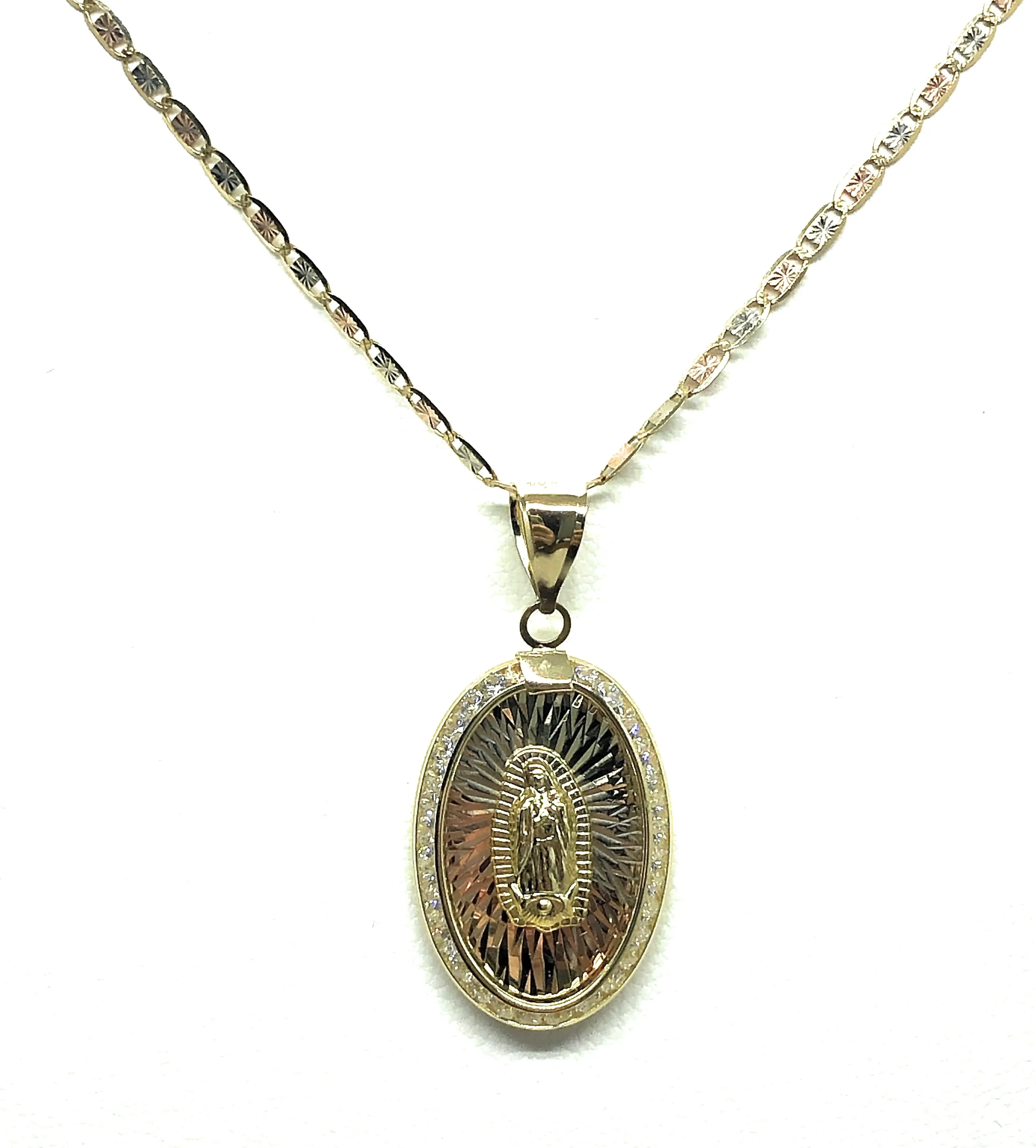 10k Solid Gold Tri-Color Virrgin Mary Oval Pendant Necklace W/ CZ Virrgen Gaudalupe Valentina Chain