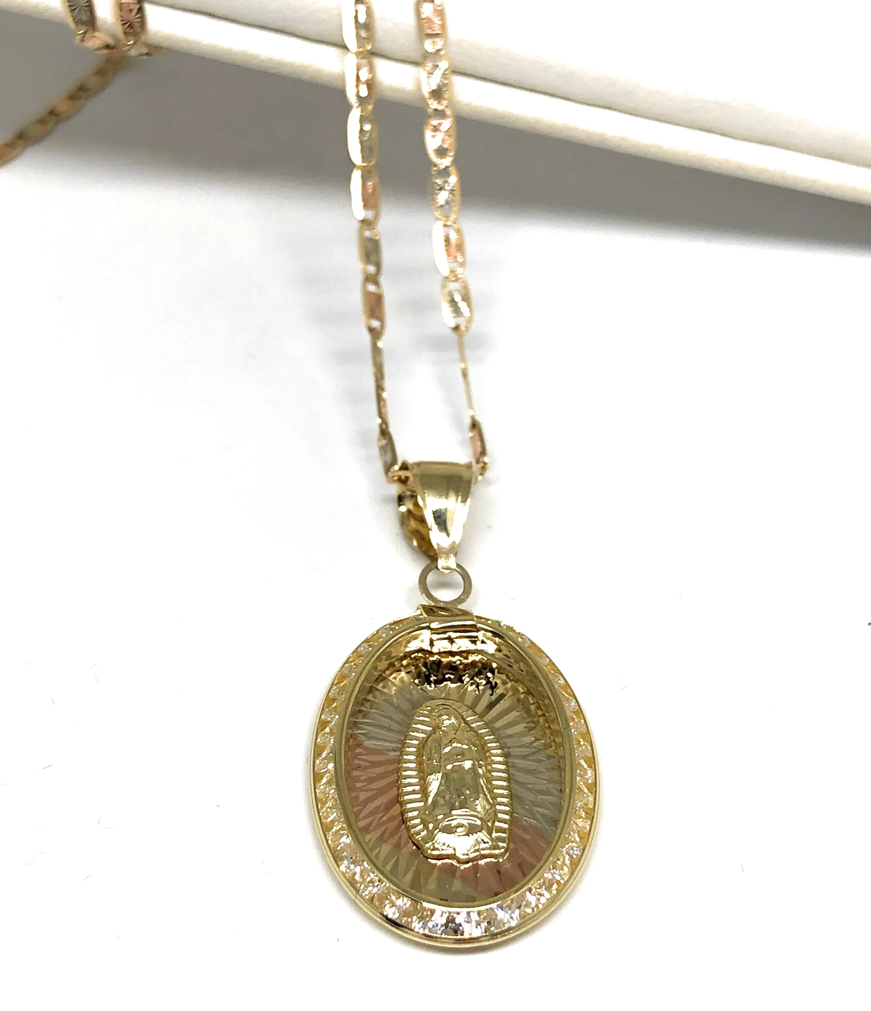 10k Solid Gold Tri-Color Virrgin Mary Oval Pendant Necklace W/ CZ Virrgen Gaudalupe Valentina Chain