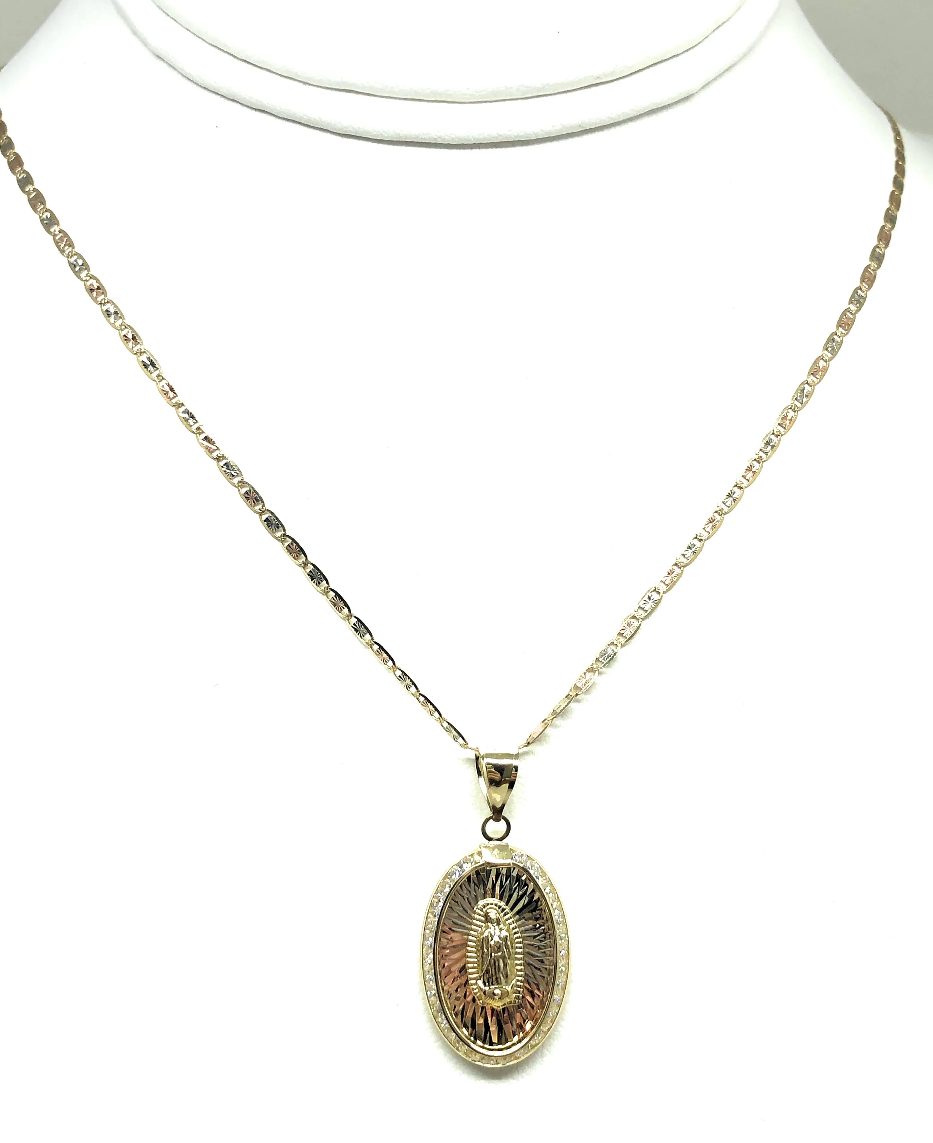 10k Solid Gold Tri-Color Virrgin Mary Oval Pendant Necklace W/ CZ Virrgen Gaudalupe Valentina Chain