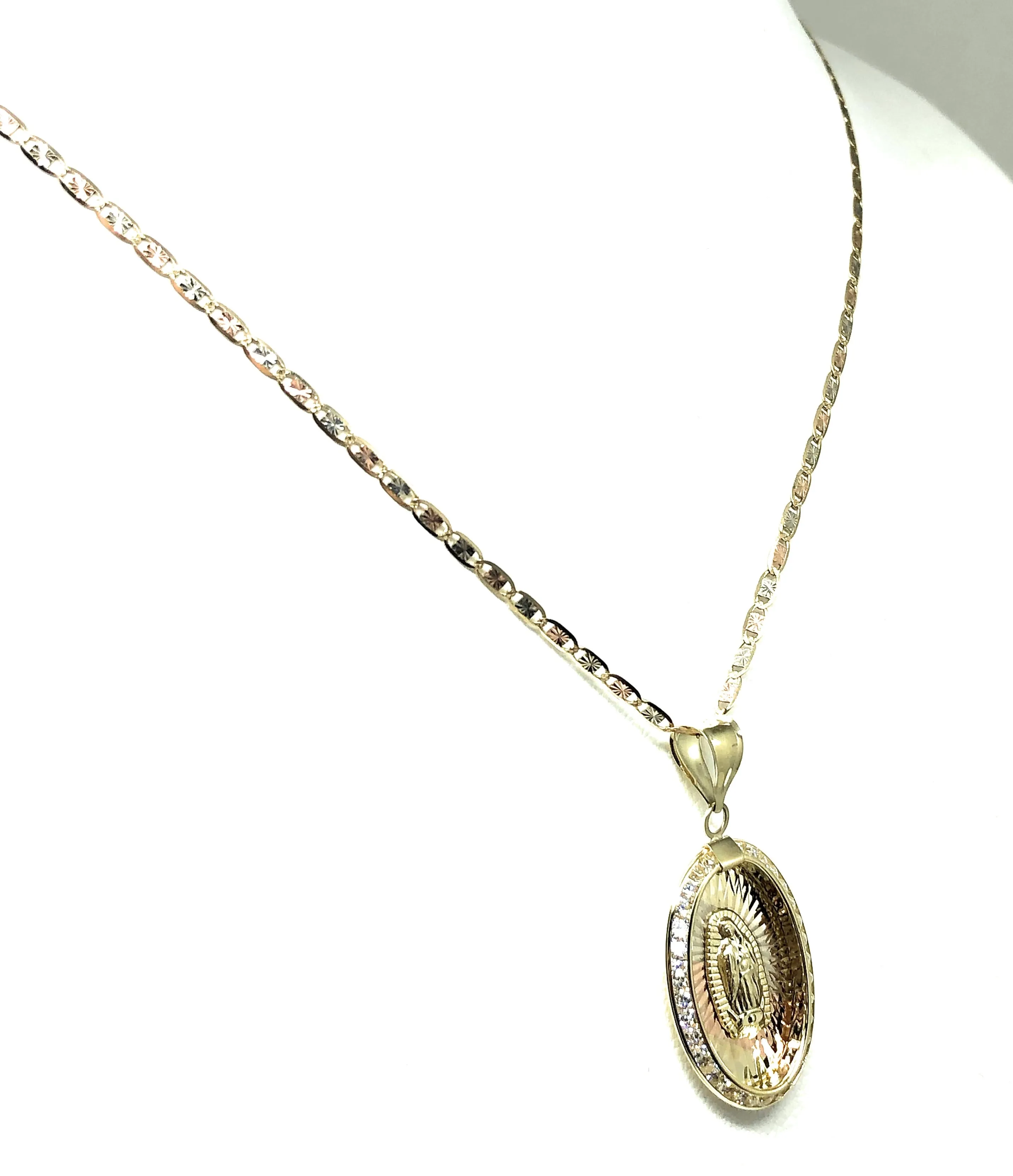 10k Solid Gold Tri-Color Virrgin Mary Oval Pendant Necklace W/ CZ Virrgen Gaudalupe Valentina Chain