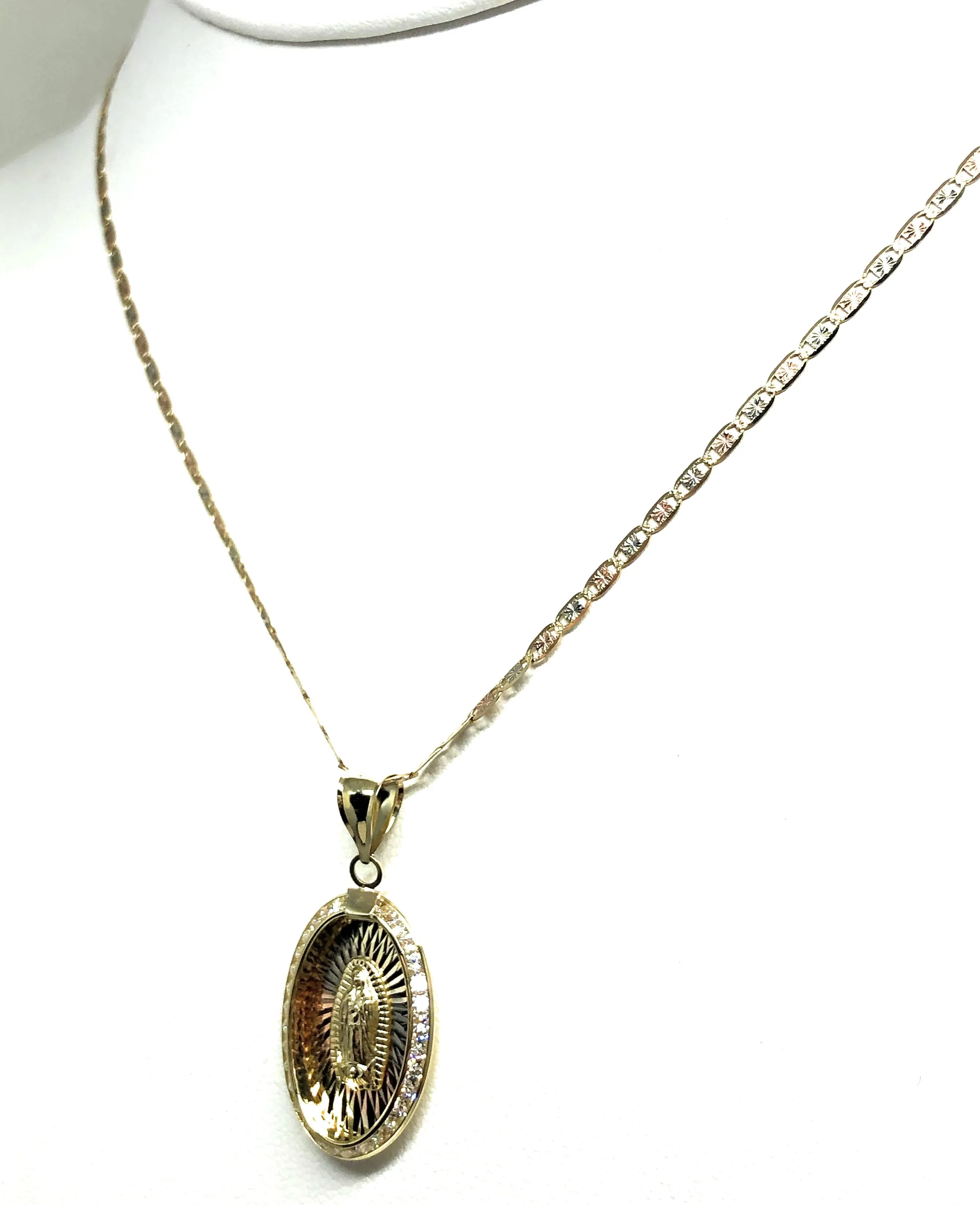 10k Solid Gold Tri-Color Virrgin Mary Oval Pendant Necklace W/ CZ Virrgen Gaudalupe Valentina Chain