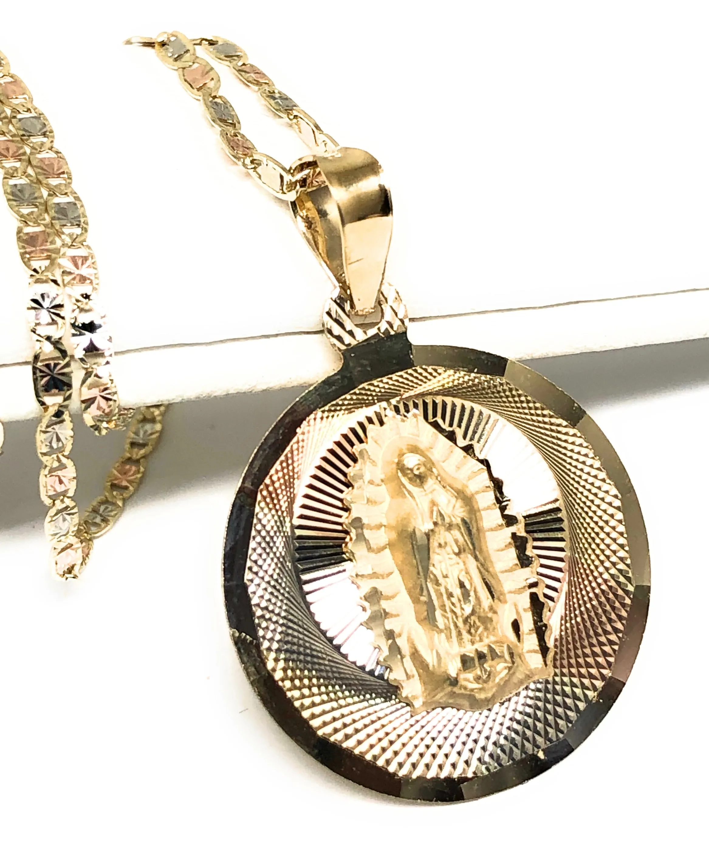 10k Solid Gold Tri-Color Virrgin Mary Round Pendant Virrgen Guadalupe Valentina Chain