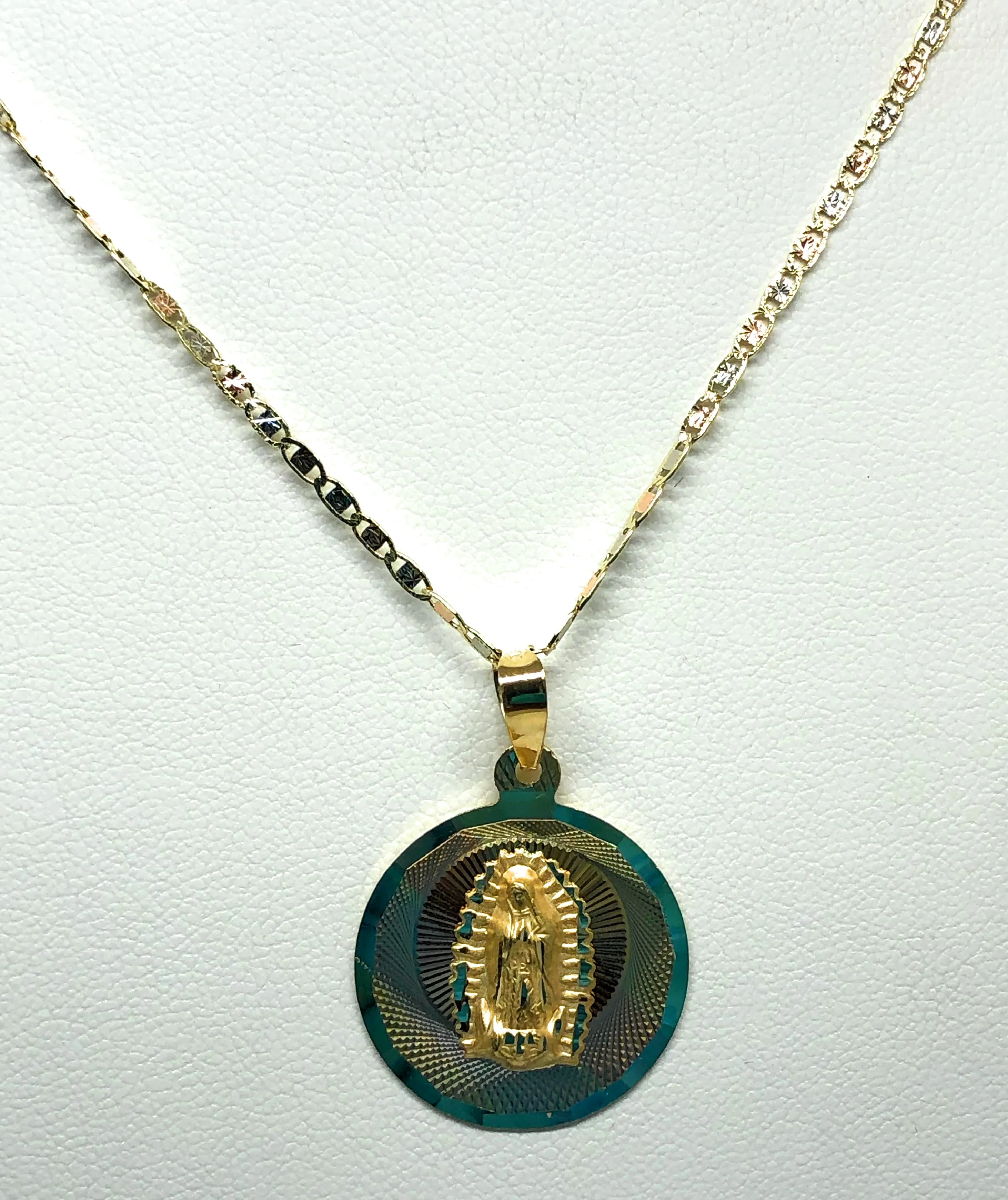 10k Solid Gold Tri-Color Virrgin Mary Round Pendant Virrgen Guadalupe Valentina Chain