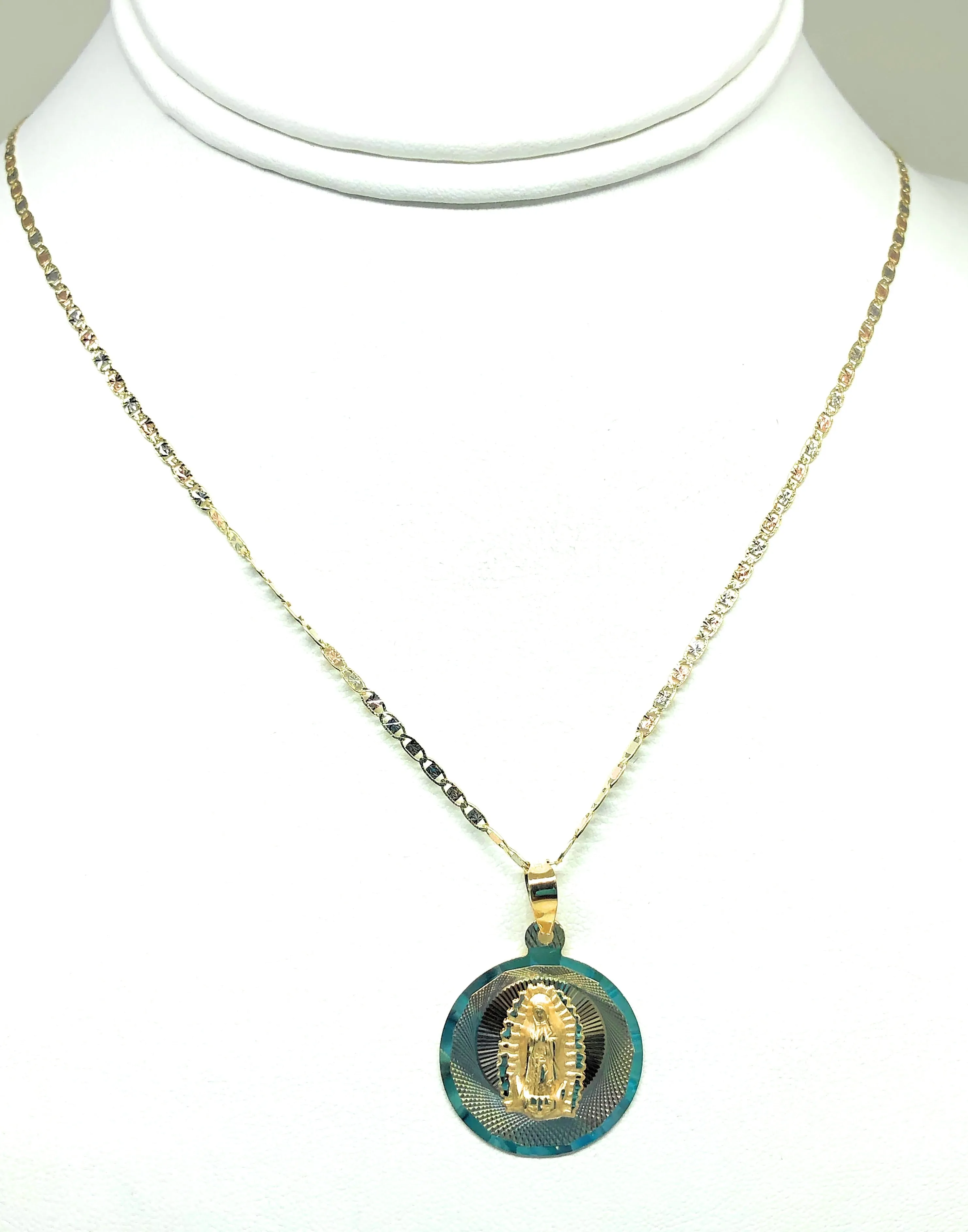 10k Solid Gold Tri-Color Virrgin Mary Round Pendant Virrgen Guadalupe Valentina Chain