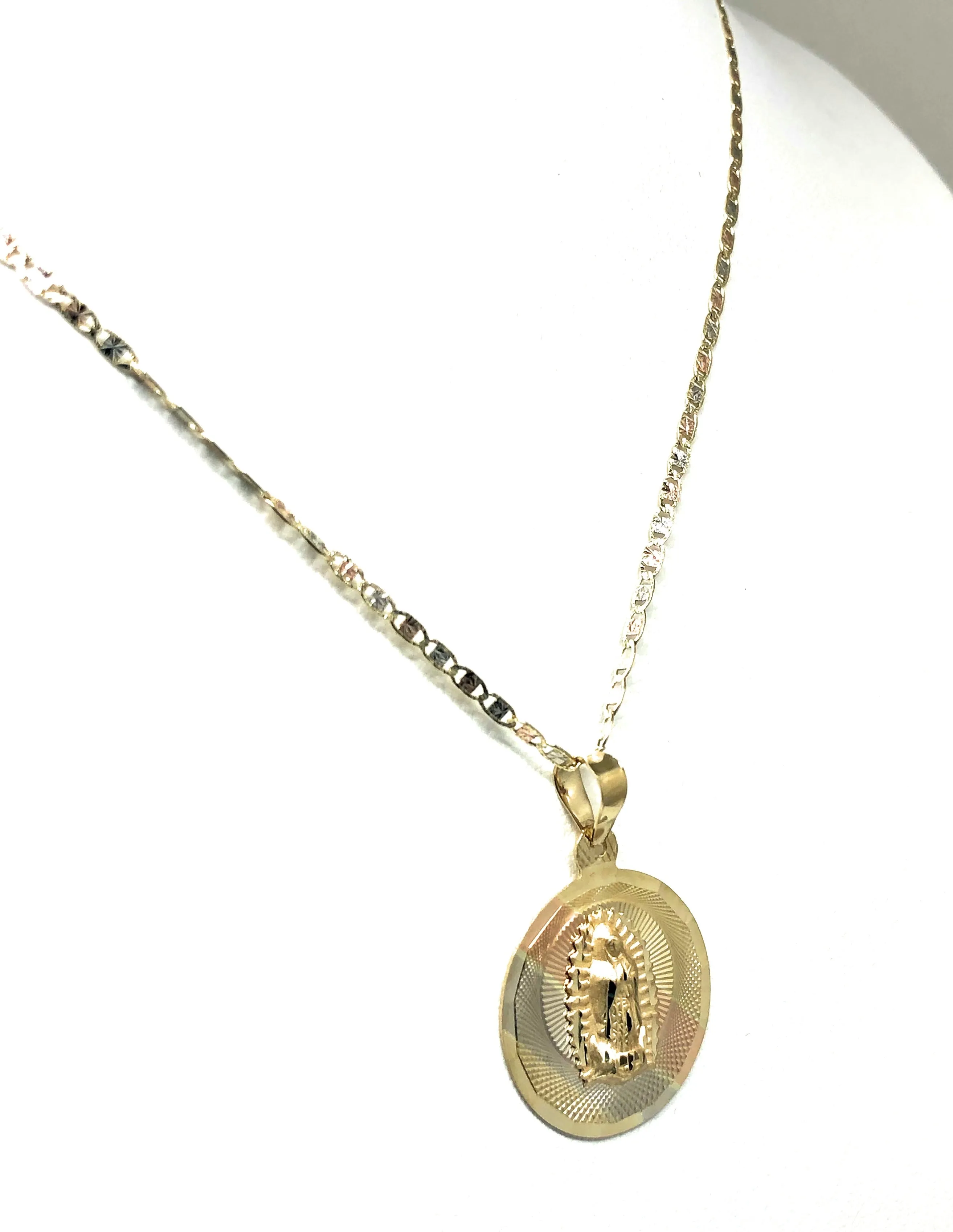 10k Solid Gold Tri-Color Virrgin Mary Round Pendant Virrgen Guadalupe Valentina Chain