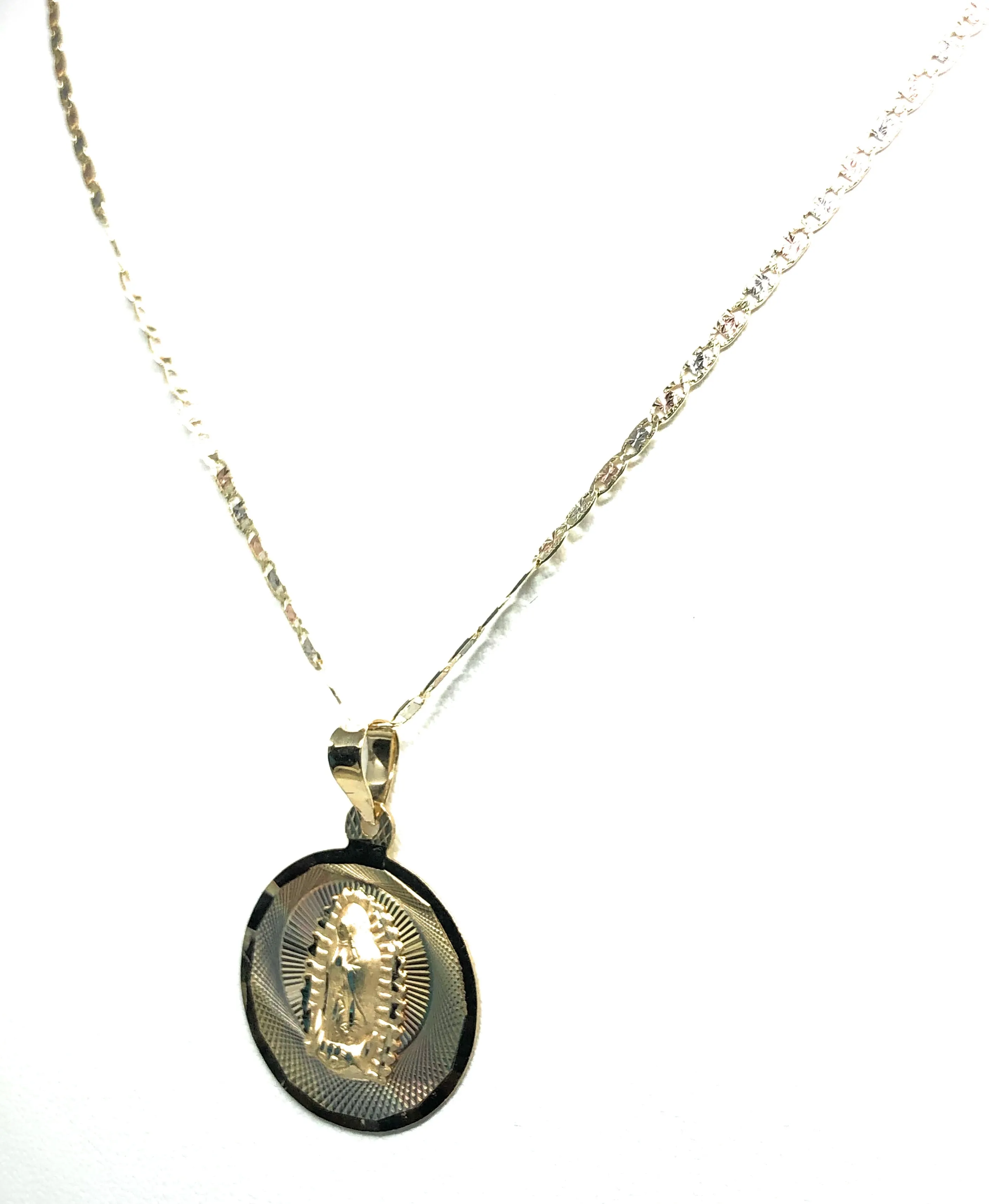 10k Solid Gold Tri-Color Virrgin Mary Round Pendant Virrgen Guadalupe Valentina Chain