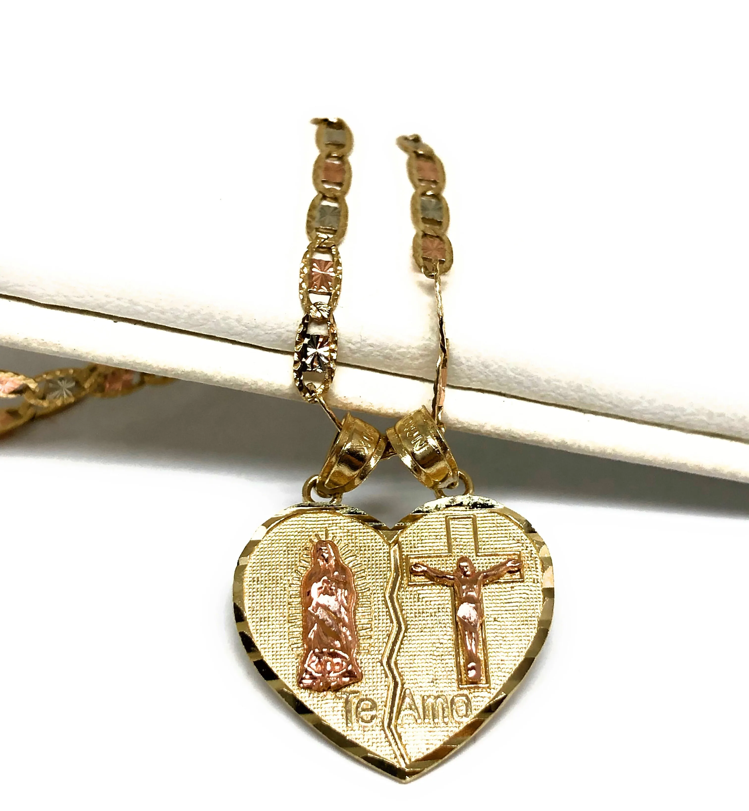 10k Solid Gold Yellow & Rose Gold Virrgin Mary Te Amo Heart Split Pendant (XS,SM)