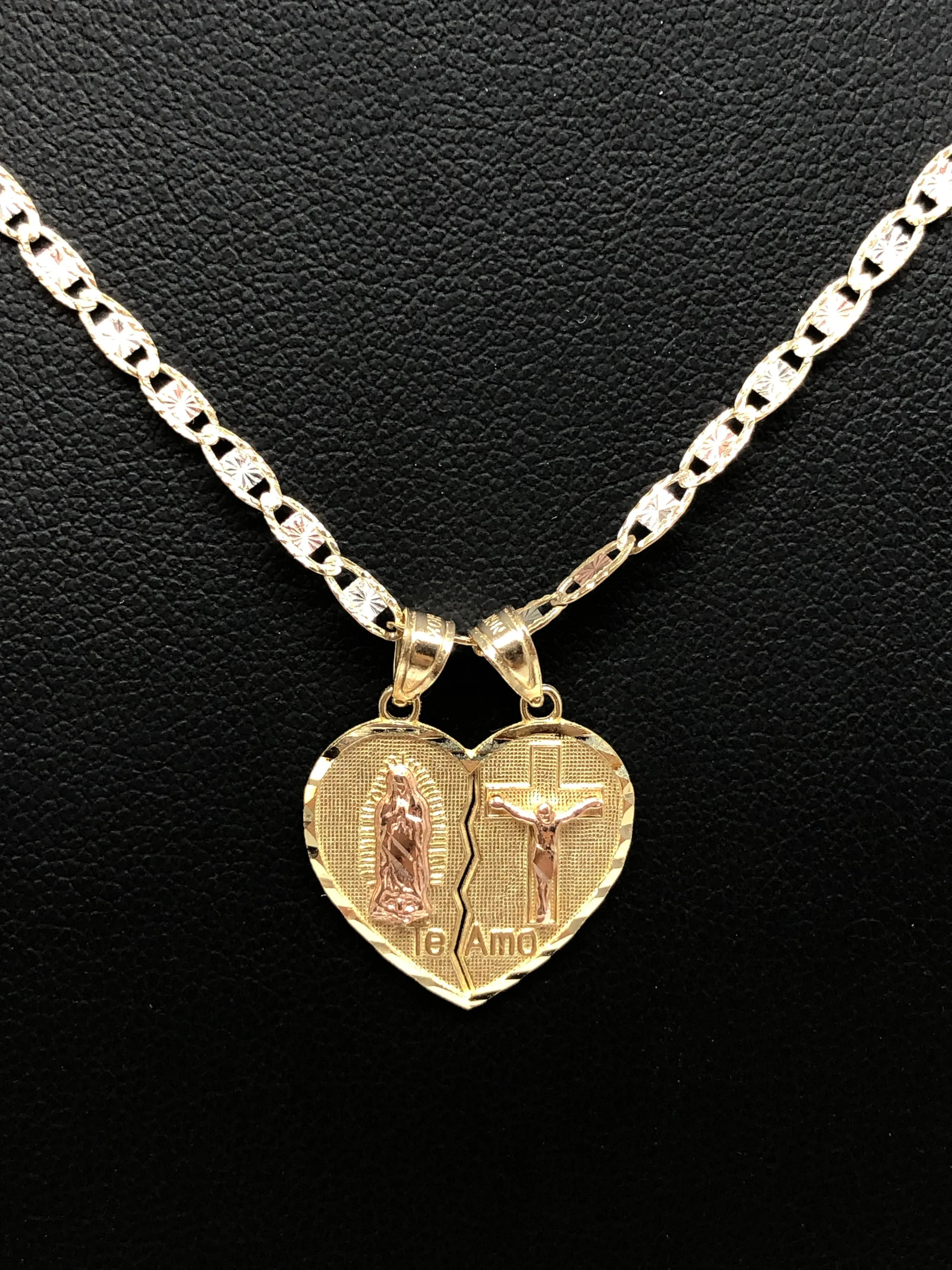 10k Solid Gold Yellow & Rose Gold Virrgin Mary Te Amo Heart Split Pendant (XS,SM)