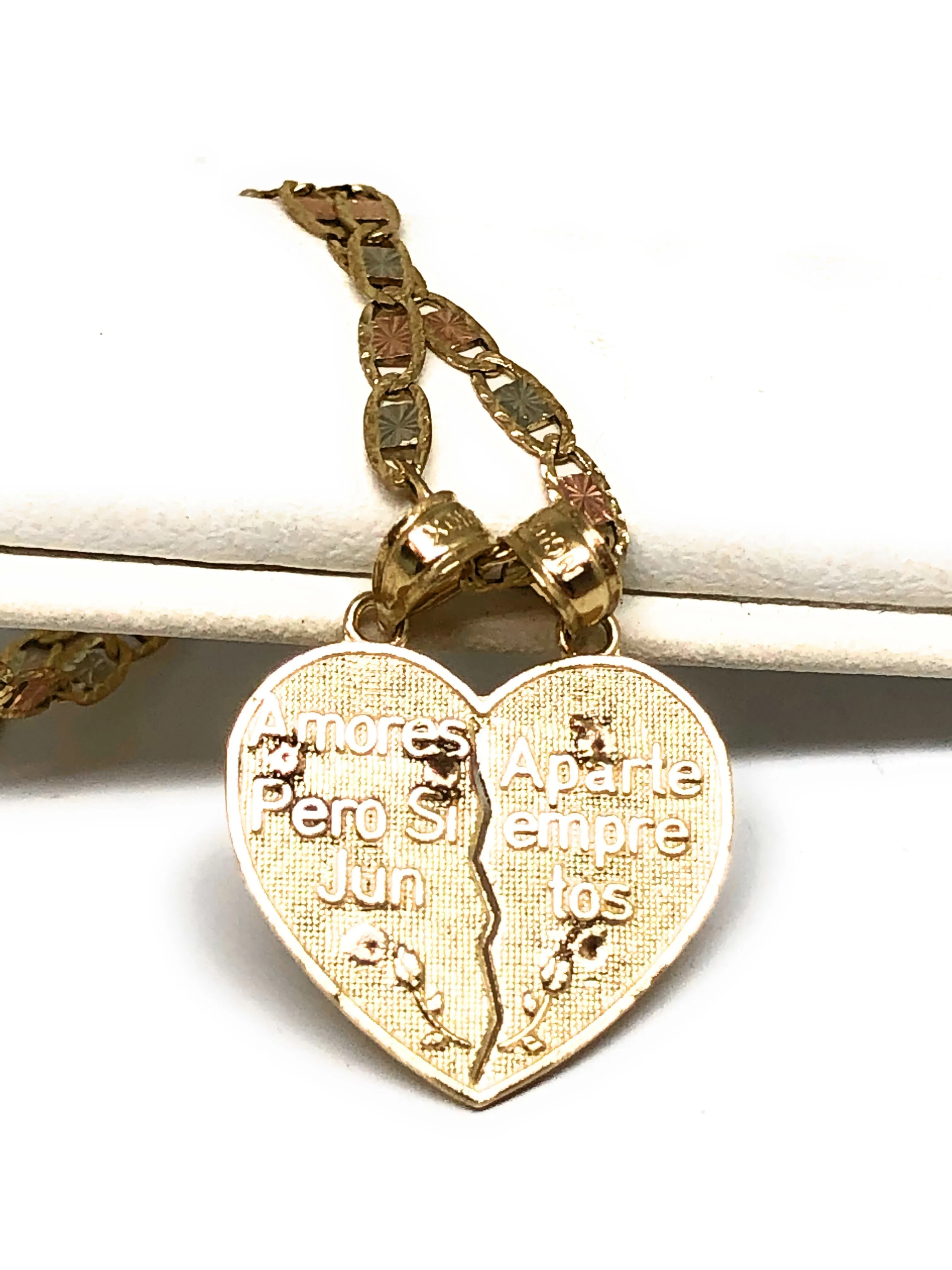 10k Solid Gold Yellow & Rose Gold Virrgin Mary Te Amo Heart Split Pendant (XS,SM)