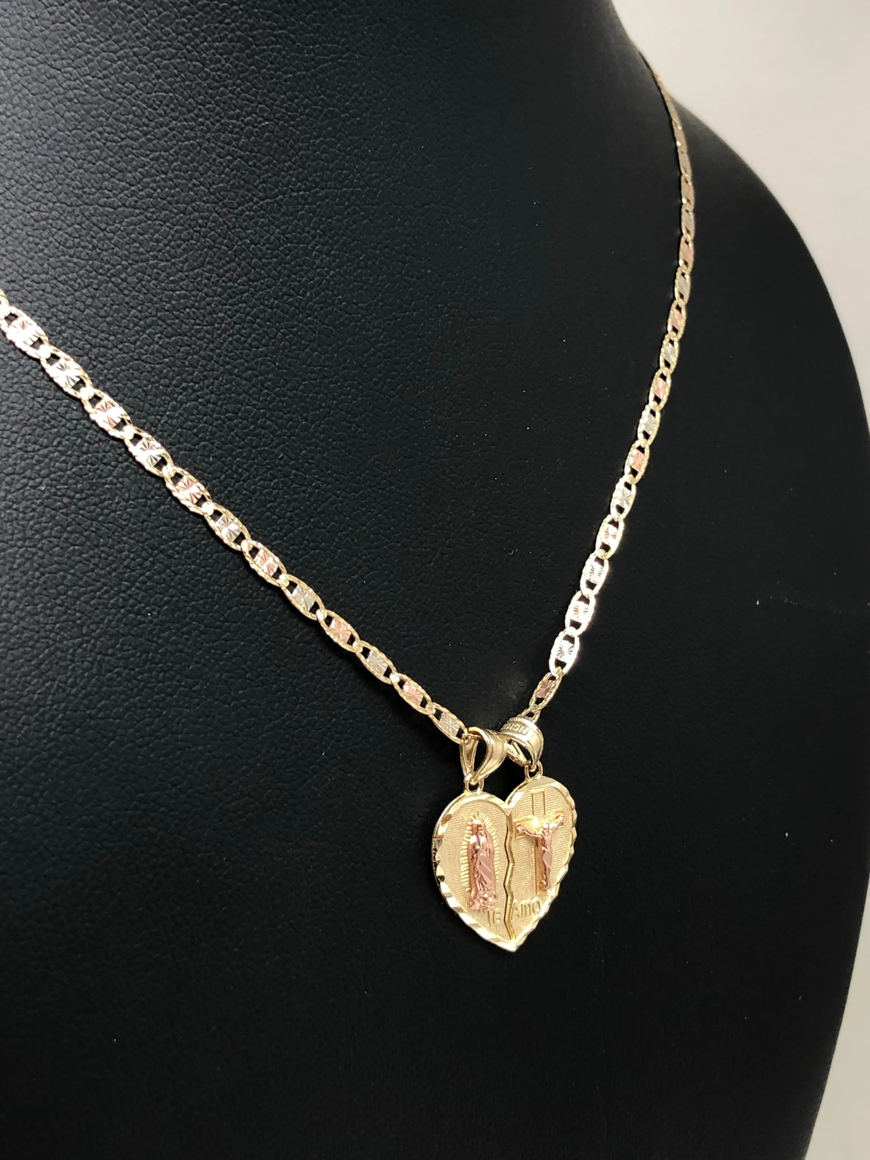 10k Solid Gold Yellow & Rose Gold Virrgin Mary Te Amo Heart Split Pendant (XS,SM)