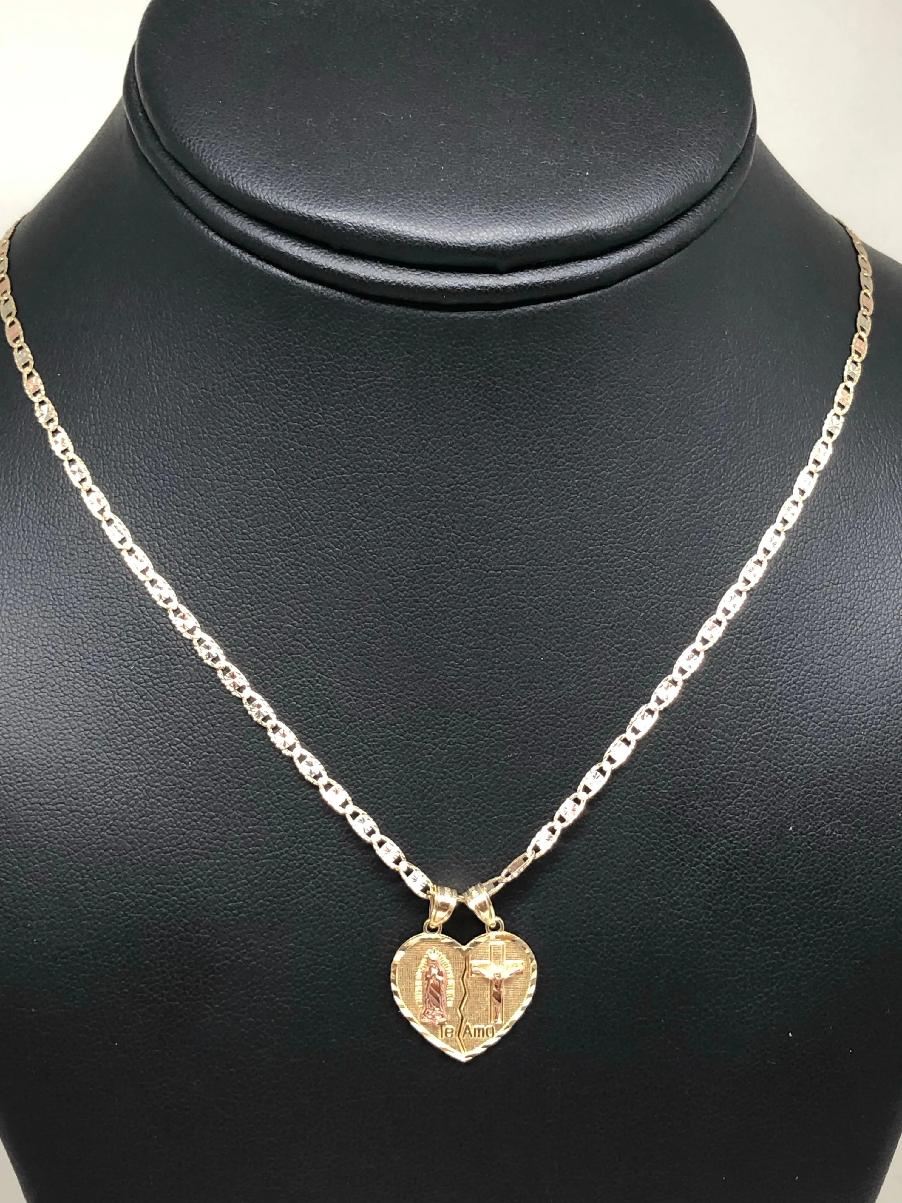 10k Solid Gold Yellow & Rose Gold Virrgin Mary Te Amo Heart Split Pendant (XS,SM)