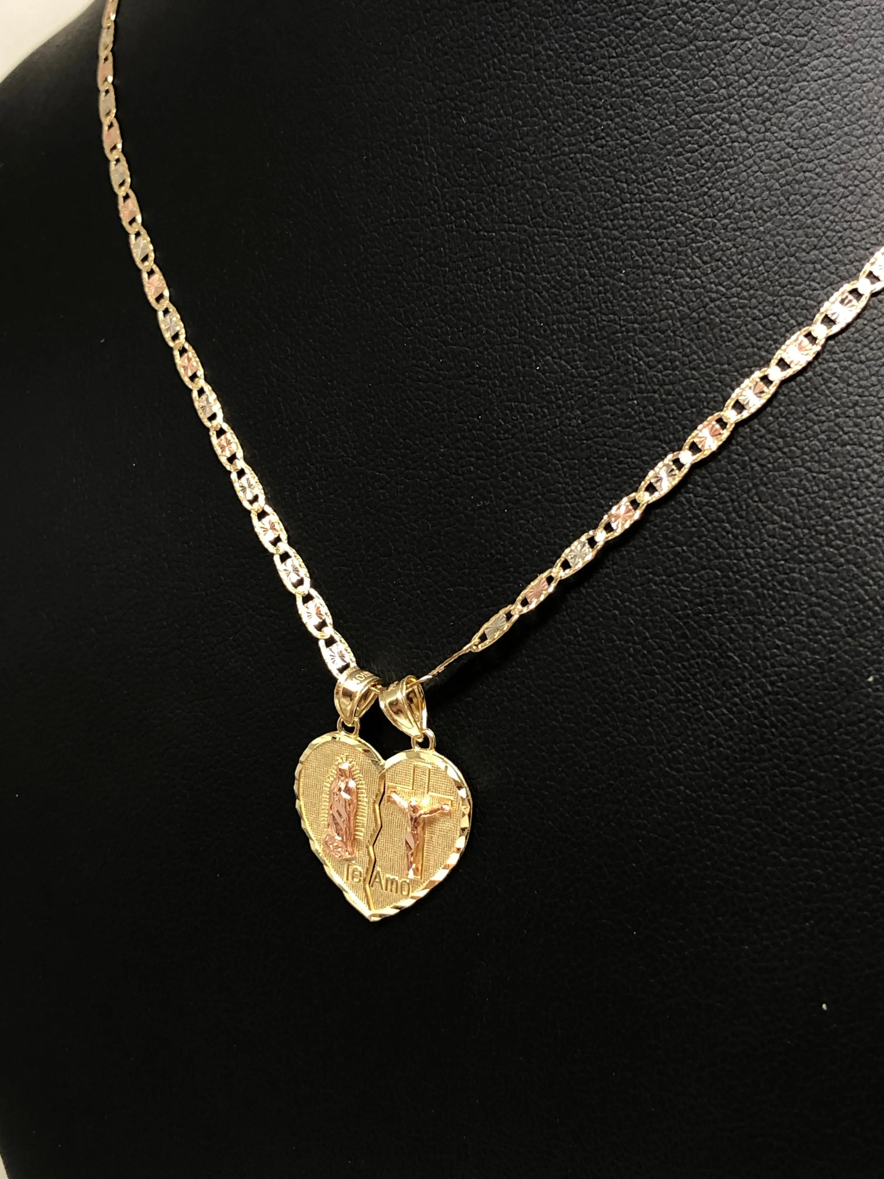 10k Solid Gold Yellow & Rose Gold Virrgin Mary Te Amo Heart Split Pendant (XS,SM)