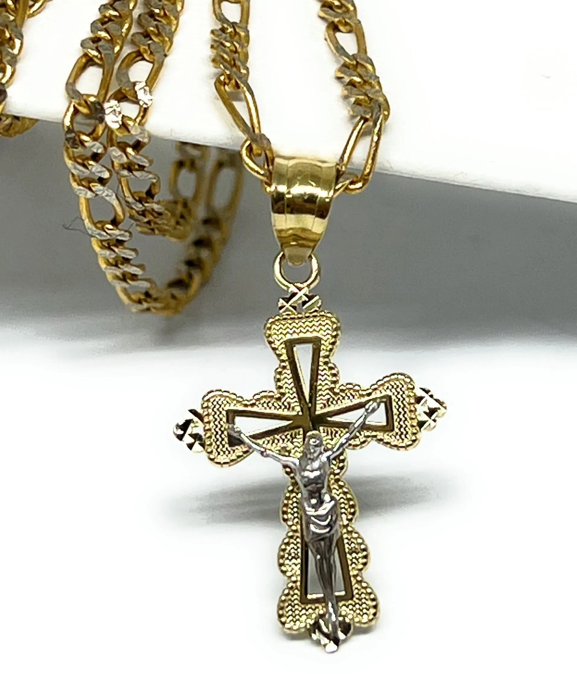 10k Solid Gold Yellow 2-Tone Jesus SMALL Cross Crucifix Pendant Necklace