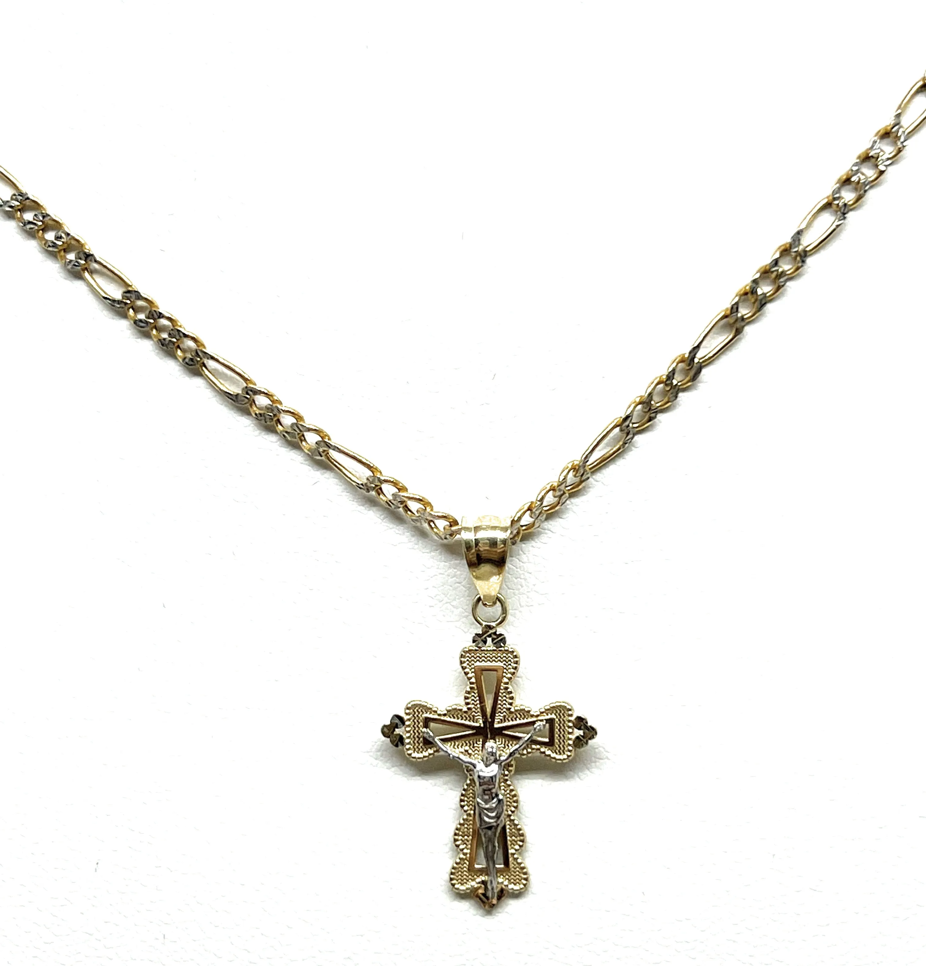 10k Solid Gold Yellow 2-Tone Jesus SMALL Cross Crucifix Pendant Necklace