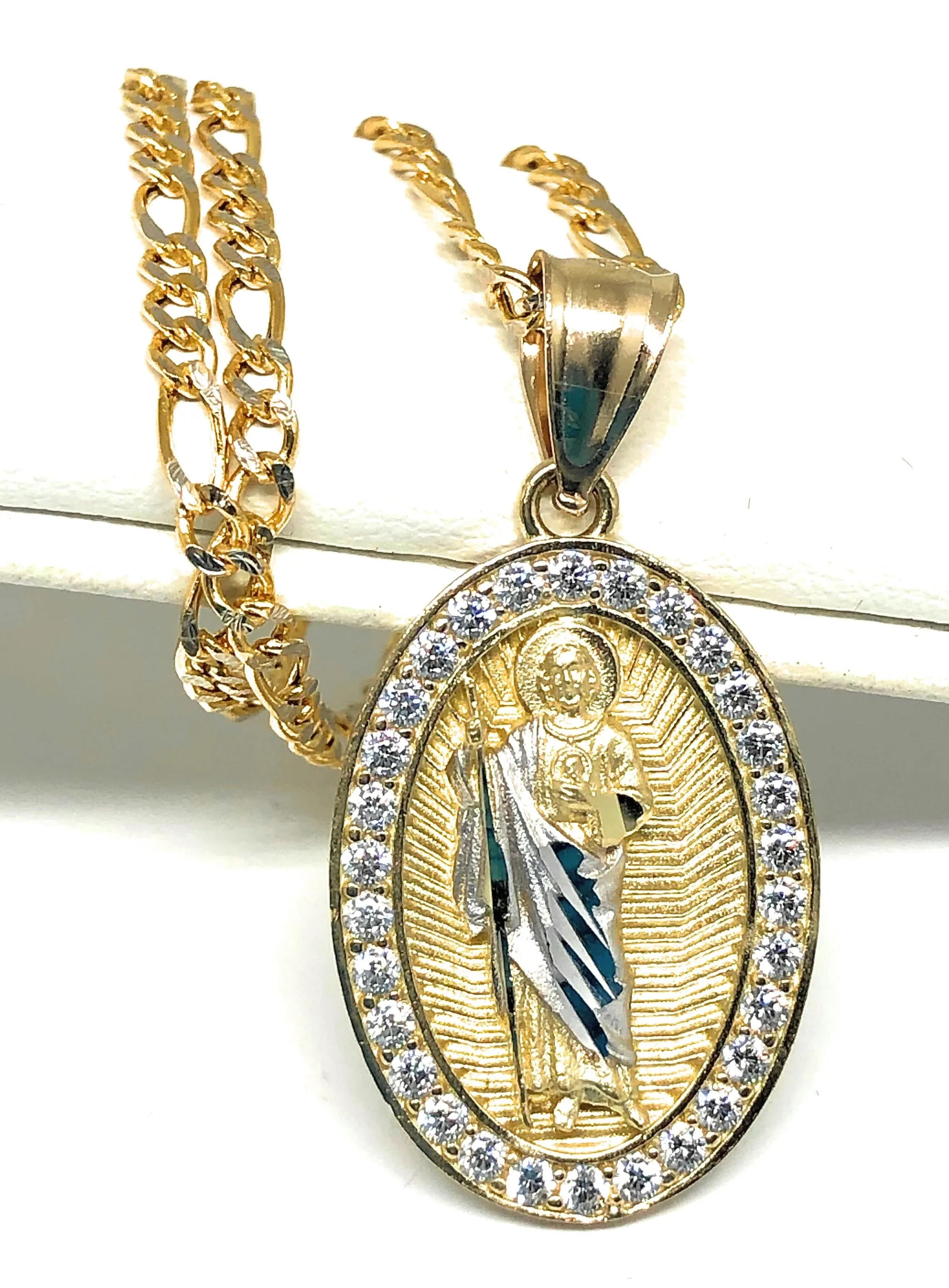 10k Solid Gold Yellow Saan Judas Saaint Jude Oval Layered CZ Pendant with Figaro Chain Optional