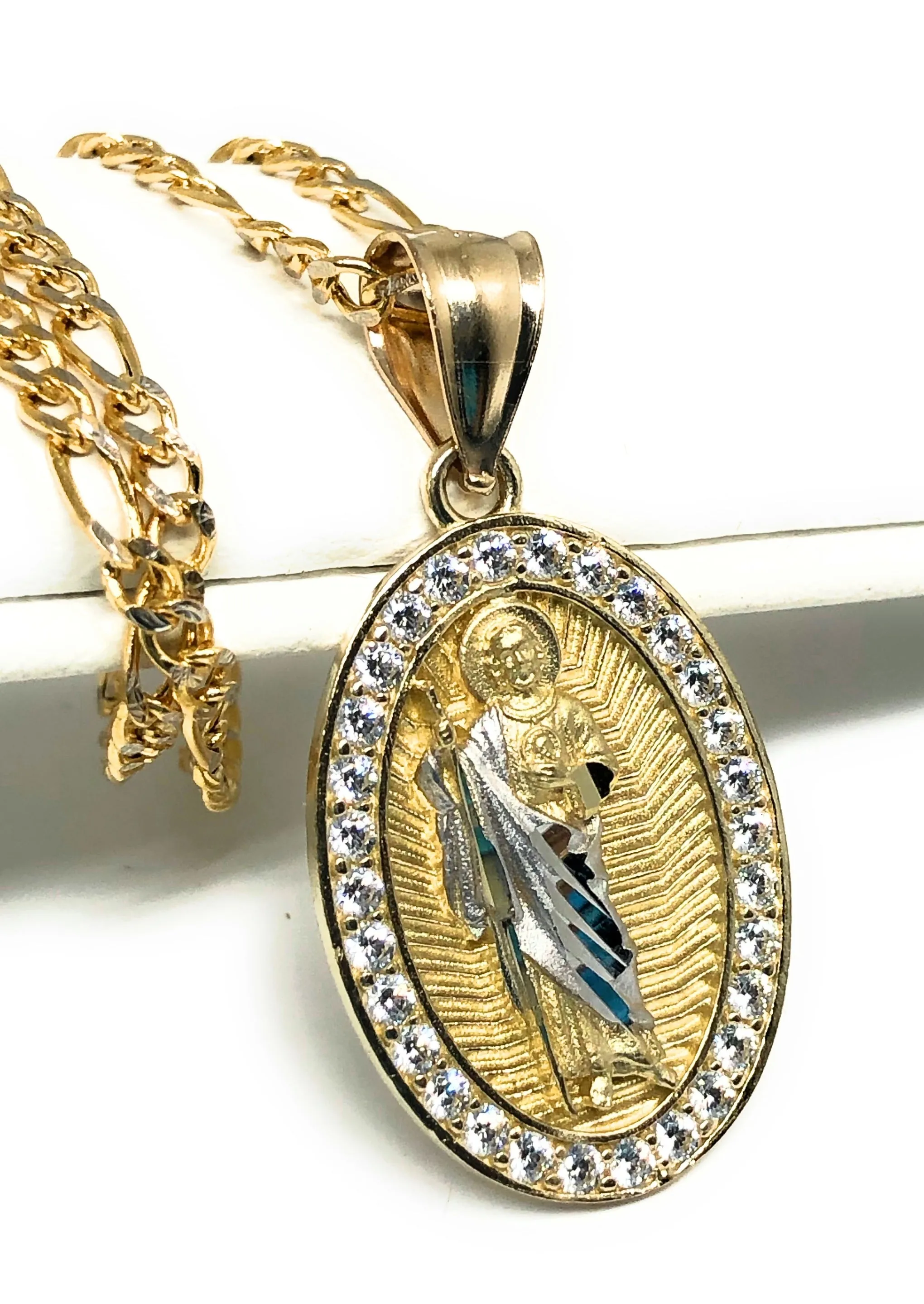 10k Solid Gold Yellow Saan Judas Saaint Jude Oval Layered CZ Pendant with Figaro Chain Optional