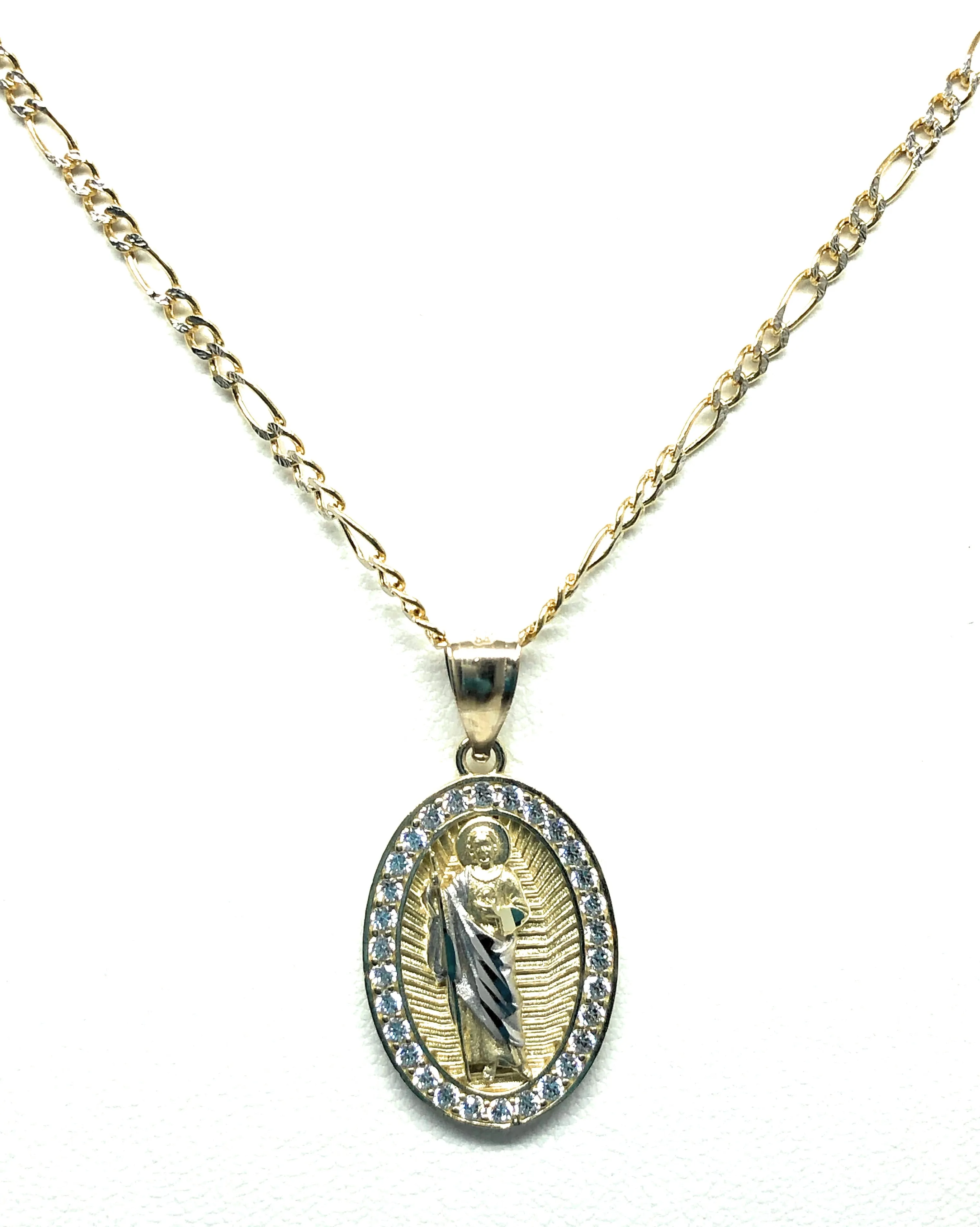 10k Solid Gold Yellow Saan Judas Saaint Jude Oval Layered CZ Pendant with Figaro Chain Optional