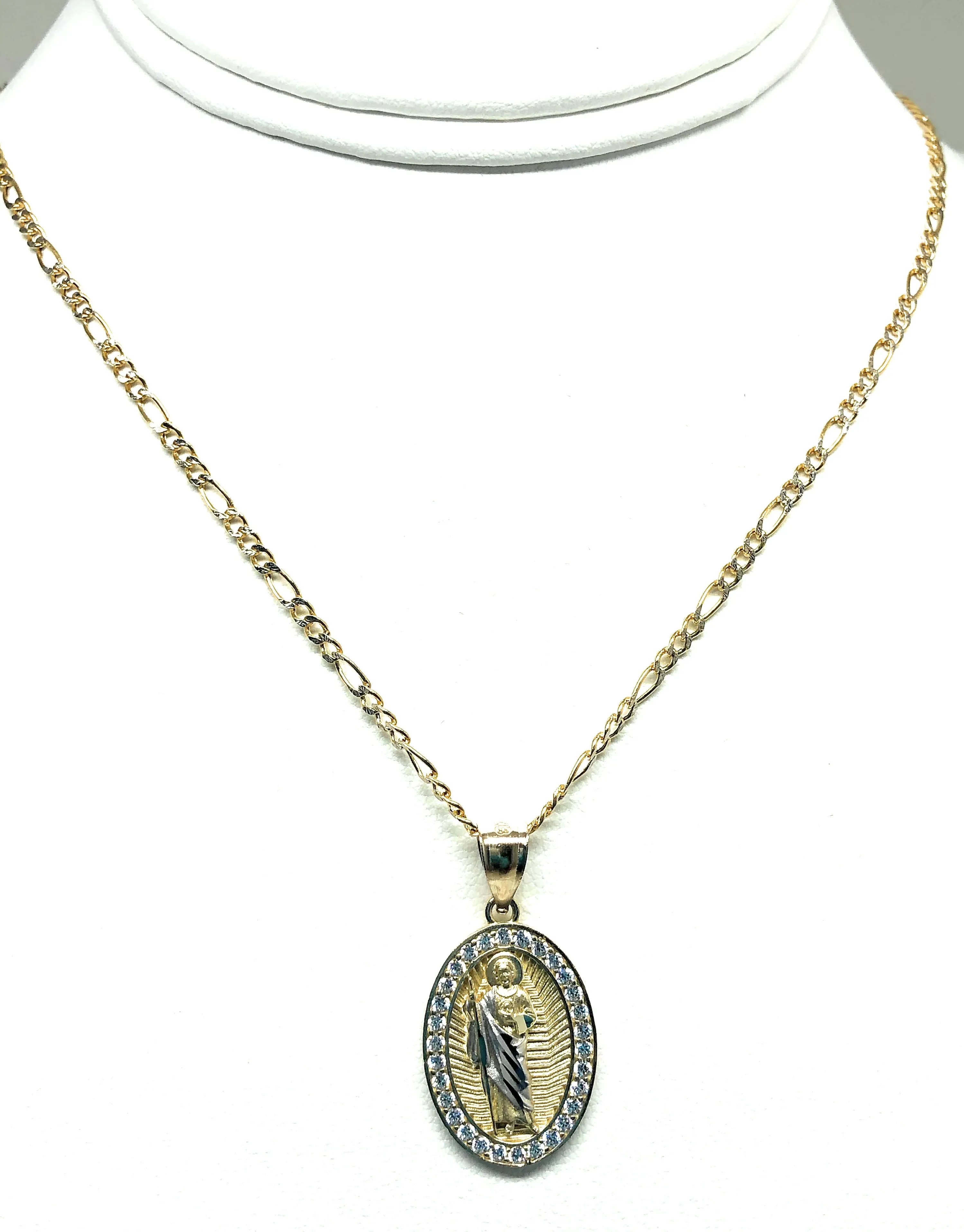 10k Solid Gold Yellow Saan Judas Saaint Jude Oval Layered CZ Pendant with Figaro Chain Optional