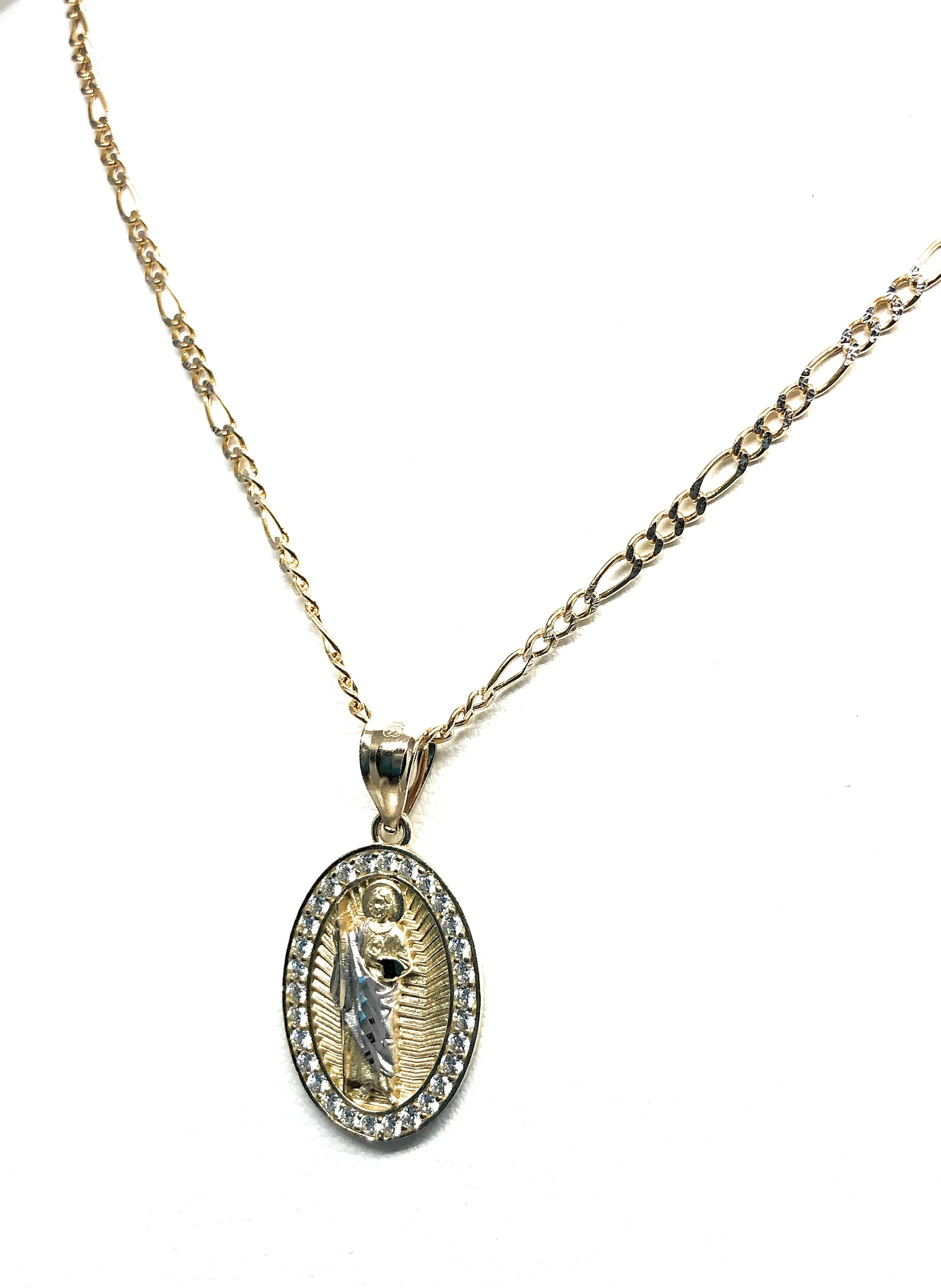 10k Solid Gold Yellow Saan Judas Saaint Jude Oval Layered CZ Pendant with Figaro Chain Optional