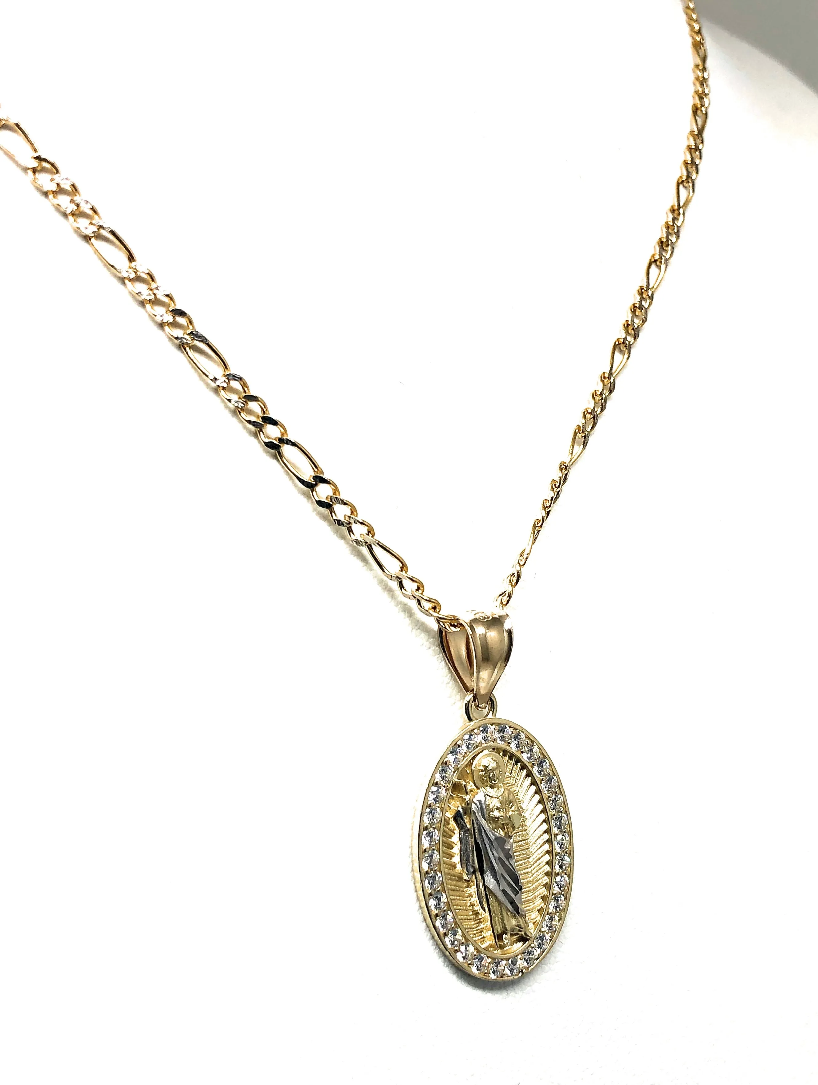 10k Solid Gold Yellow Saan Judas Saaint Jude Oval Layered CZ Pendant with Figaro Chain Optional