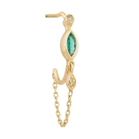 14K Gold Bezel-Set Marquise Emerald Hoop Earrings with Chain Drop