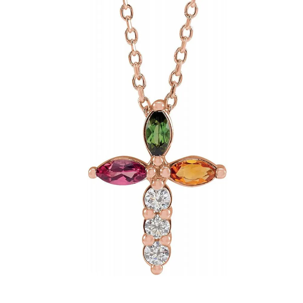 14K Gold Multi-Gemstone & 1/10 CTW Diamond Cross Necklace, 16-18 Inch