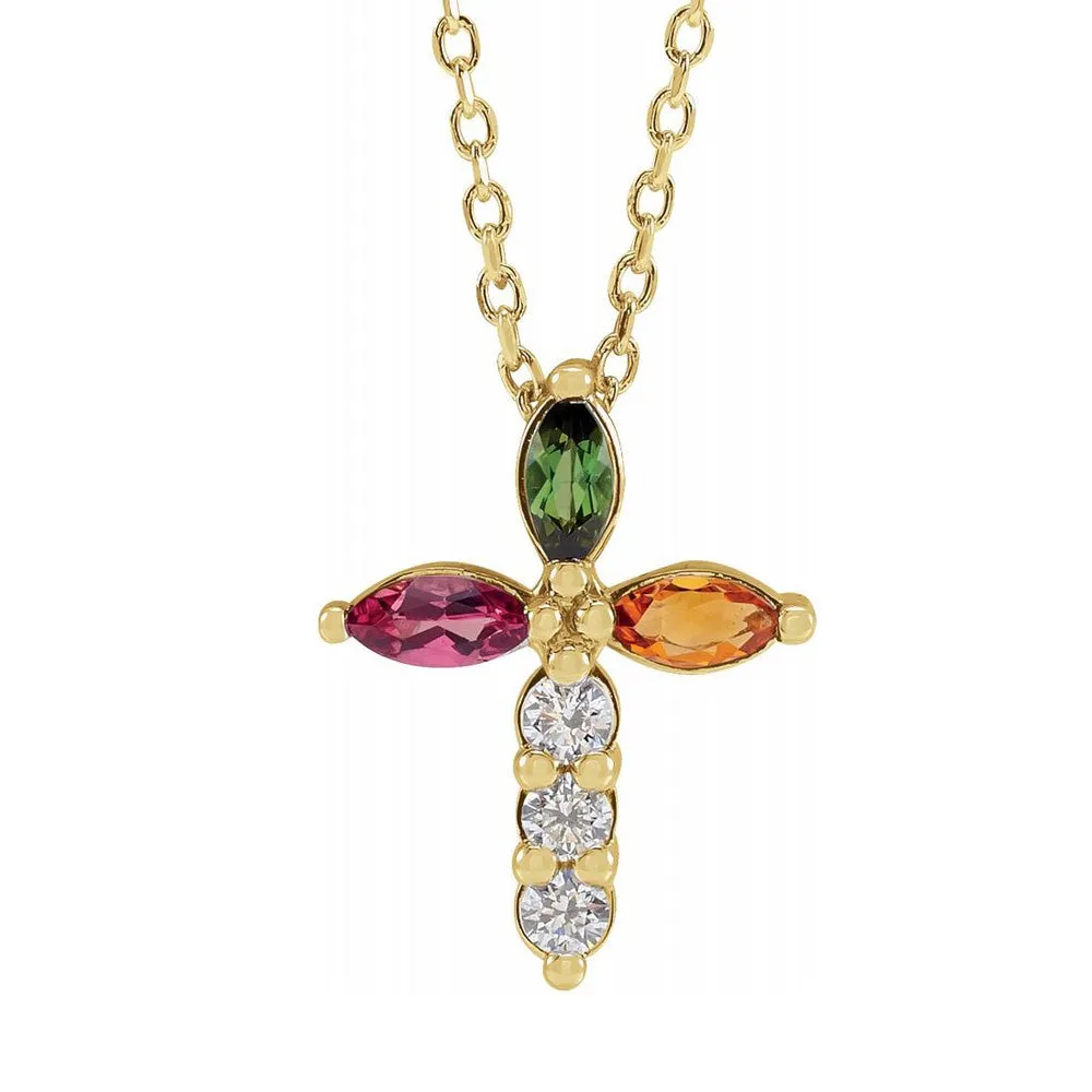 14K Gold Multi-Gemstone & 1/10 CTW Diamond Cross Necklace, 16-18 Inch