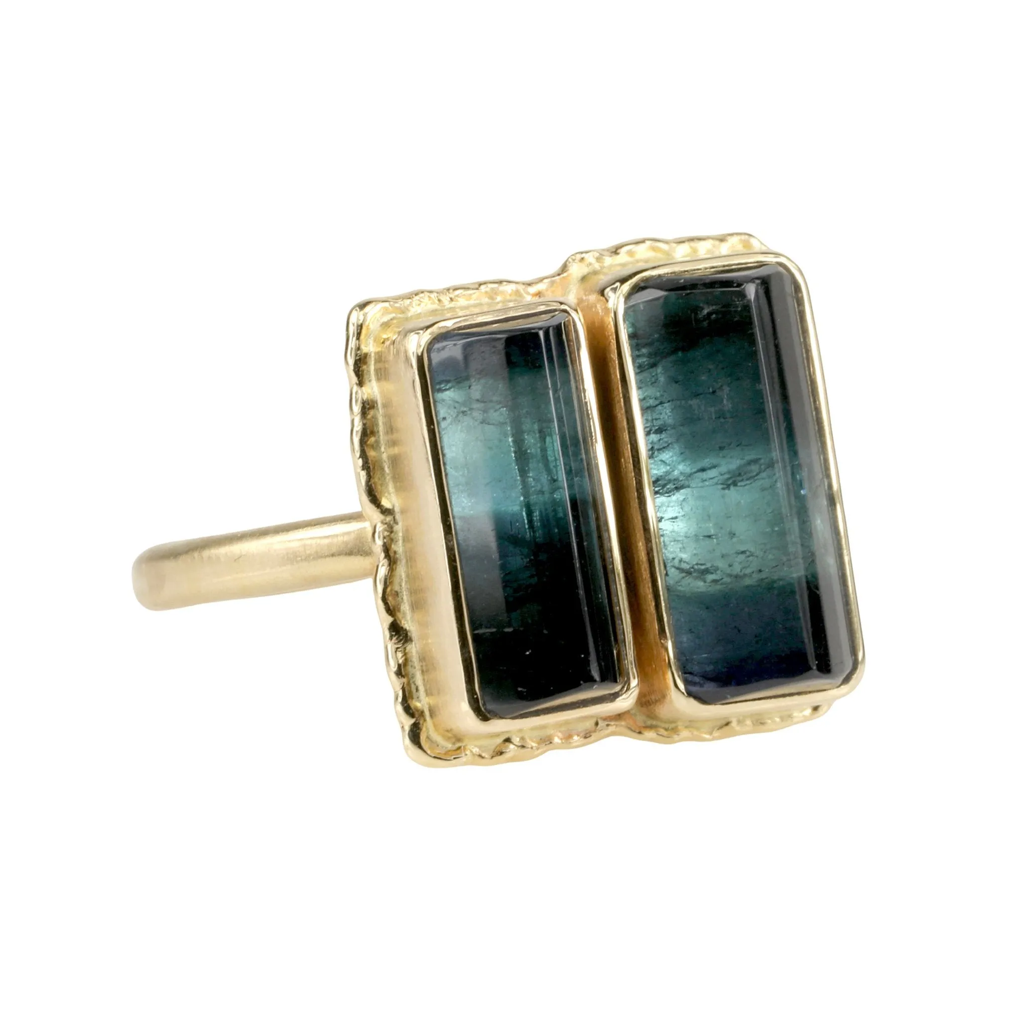 14K Gold Rectangular Double Blue-Green Tourmaline Ring