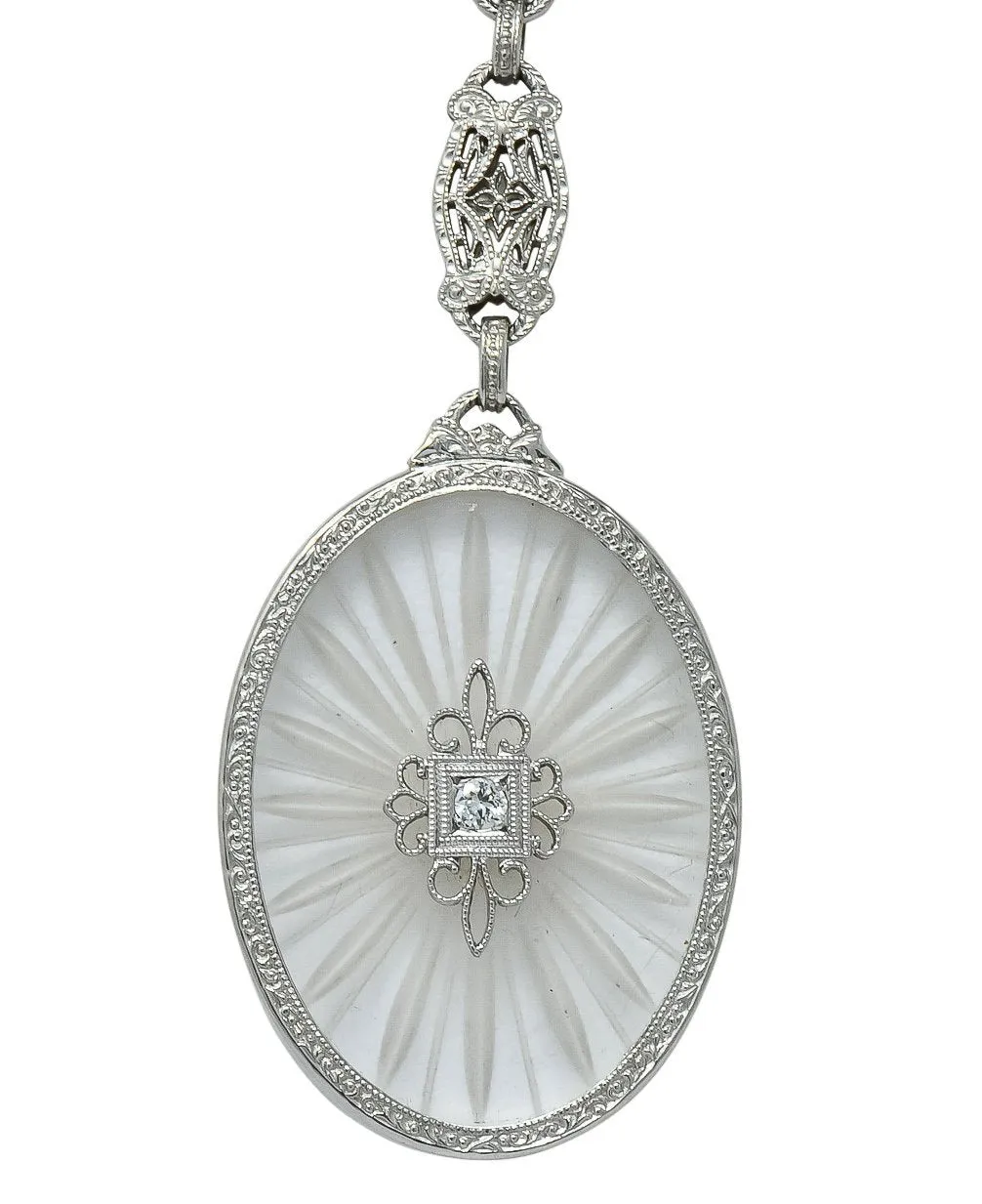 1920s Art Deco Camphor Glass Diamond 14 Karat White Gold Drop Necklace