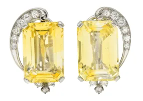 1950's Mid-Century 28.05 CTW Yellow Sapphire Diamond Platinum Earrings