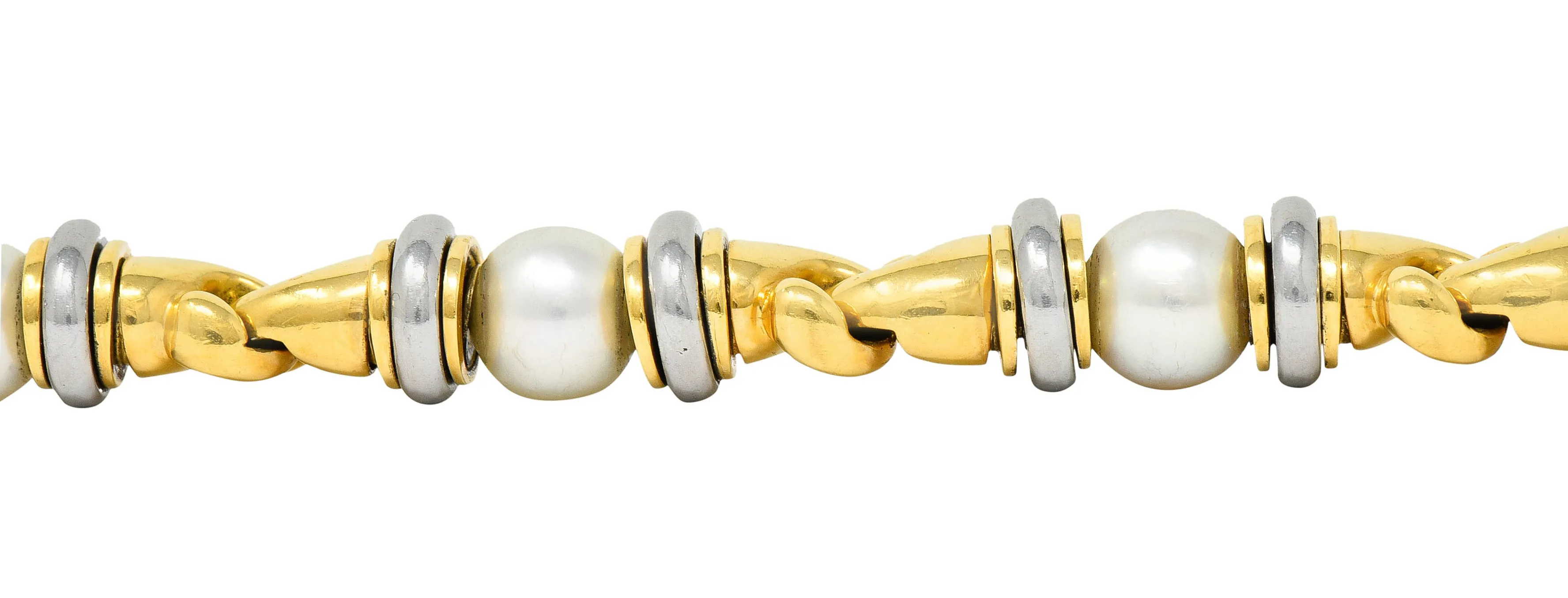 1990's Bulgari Cultured Pearl 18 Karat Gold Stainless Steel Gancio Italian Link Bracelet