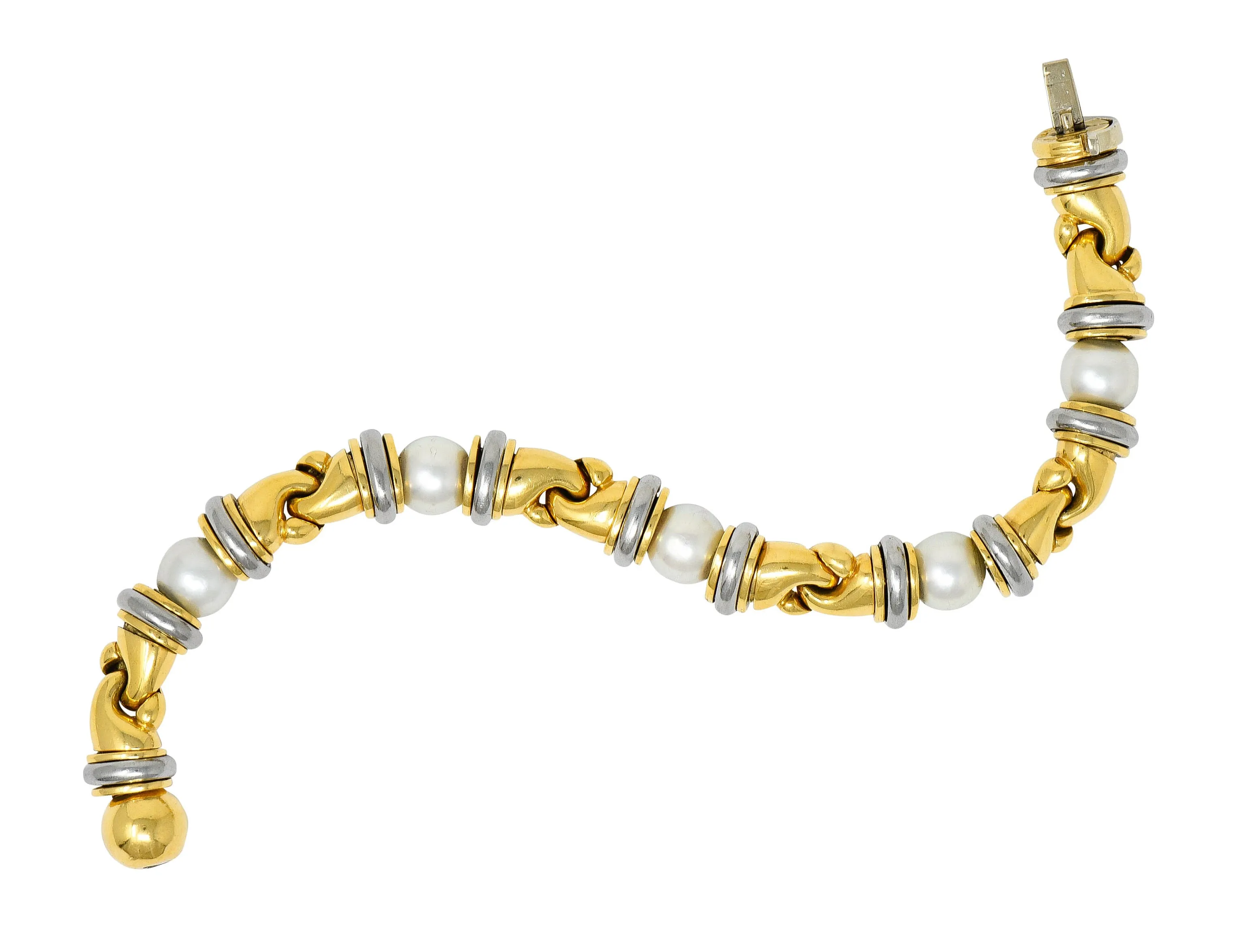 1990's Bulgari Cultured Pearl 18 Karat Gold Stainless Steel Gancio Italian Link Bracelet