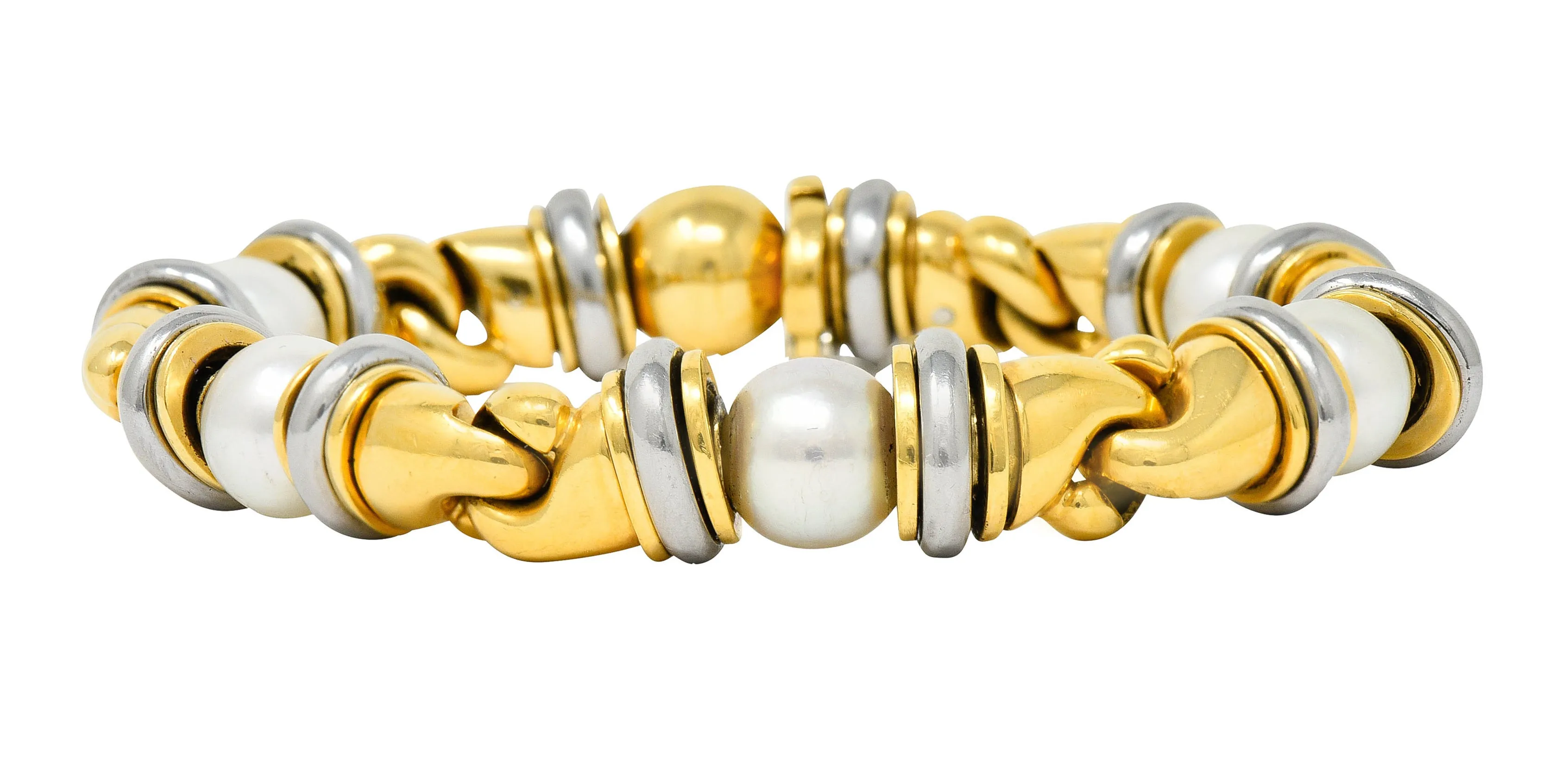 1990's Bulgari Cultured Pearl 18 Karat Gold Stainless Steel Gancio Italian Link Bracelet