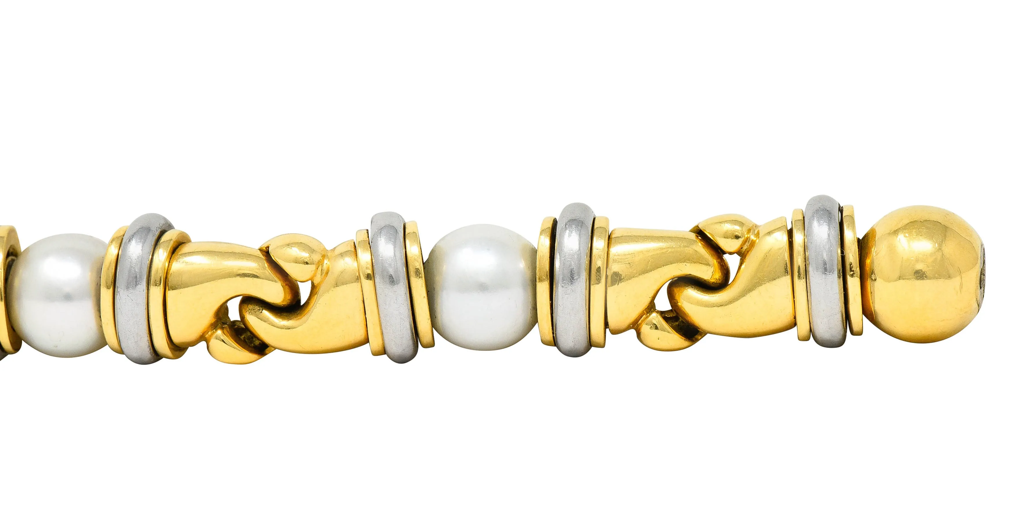 1990's Bulgari Cultured Pearl 18 Karat Gold Stainless Steel Gancio Italian Link Bracelet