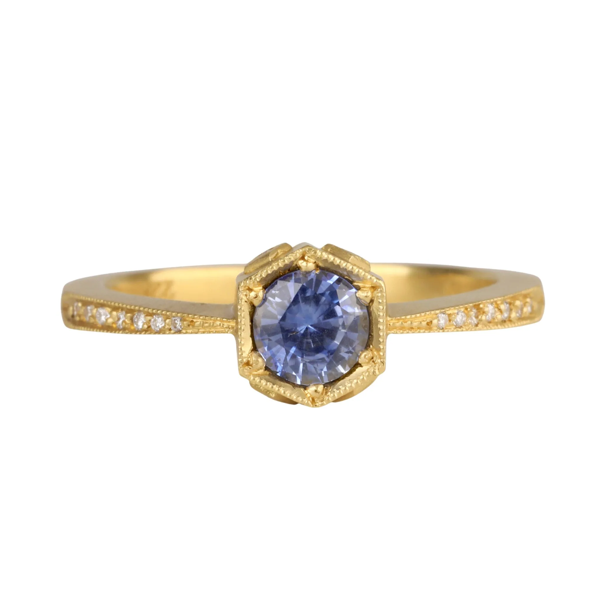 22K Gold Hexagonal Bezel-Set Blue Sapphire Ring with Diamonds