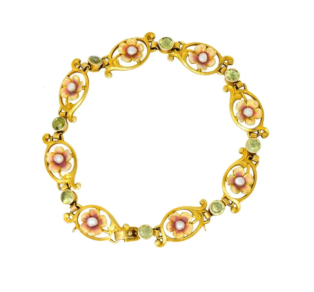 Art Nouveau 1.44 CTW Peridot Enamel Pearl 14 Karat Gold Link Bracelet