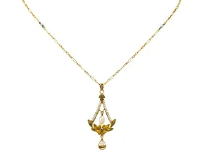 Art Nouveau Pearl Sapphire 10 Karat Tri-Gold Floral Lavalier Pendant Necklace