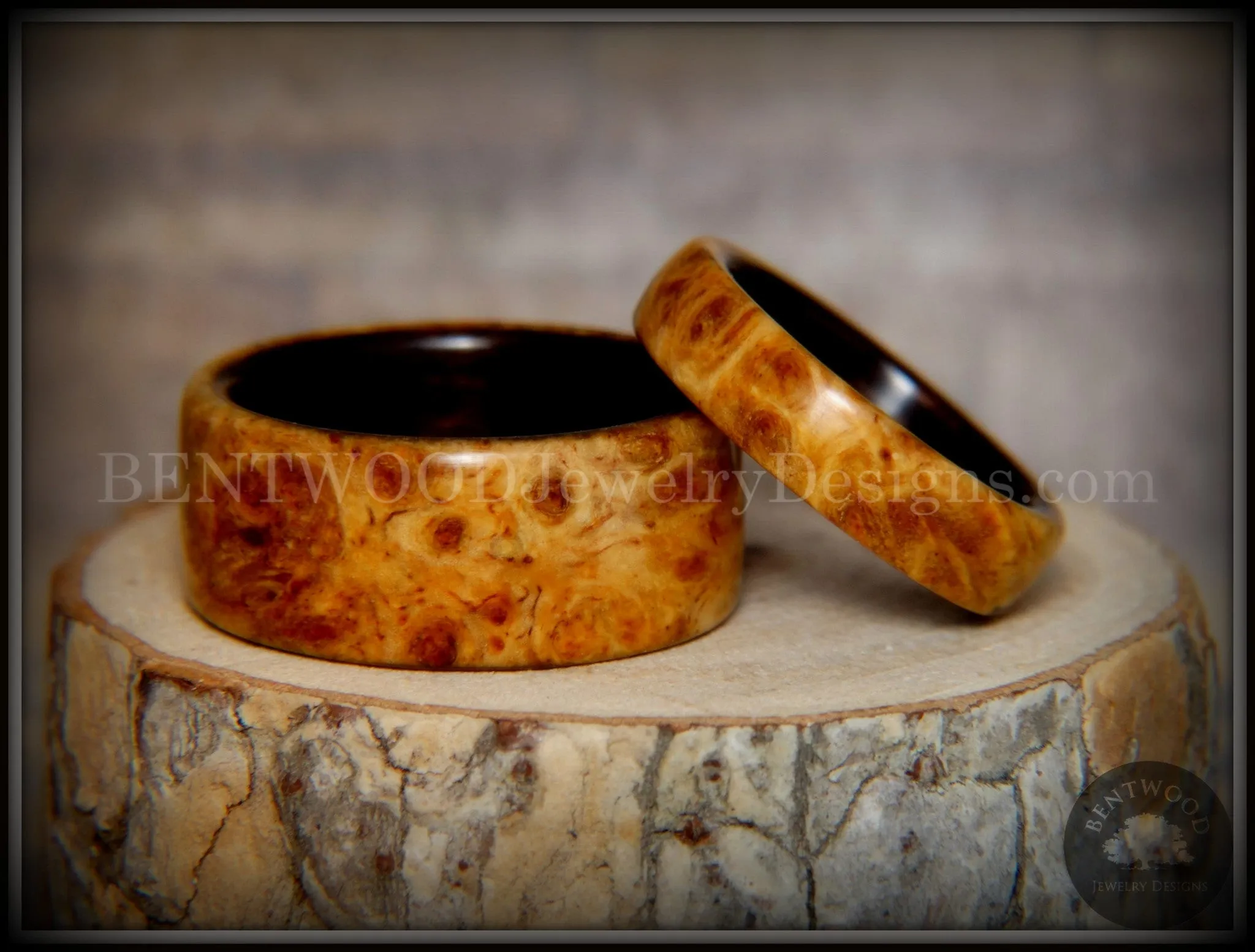 Bentwood Rings Set - Golden Pair Gold Amboyna Burl on Ebony Wood Core Set