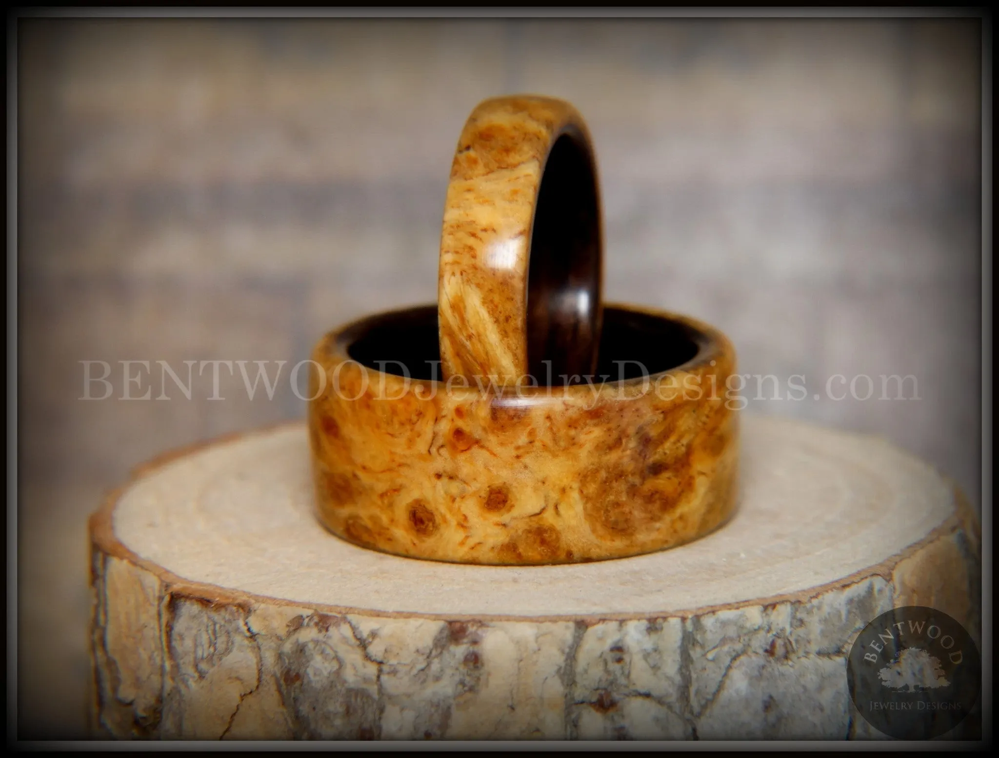 Bentwood Rings Set - Golden Pair Gold Amboyna Burl on Ebony Wood Core Set