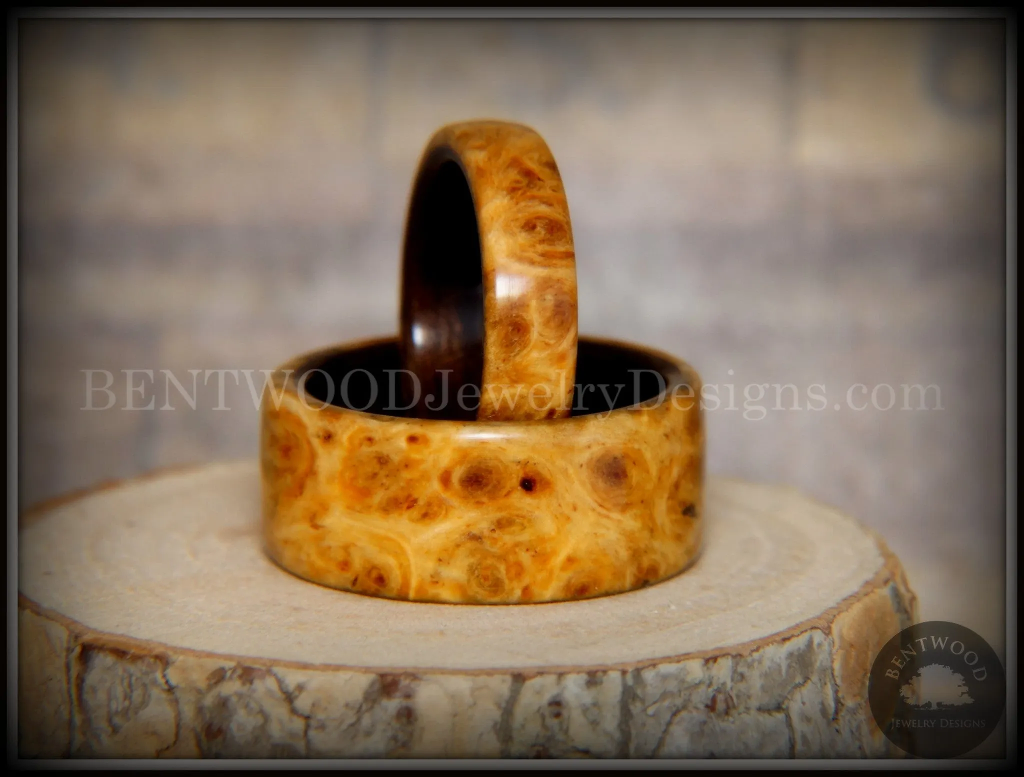 Bentwood Rings Set - Golden Pair Gold Amboyna Burl on Ebony Wood Core Set