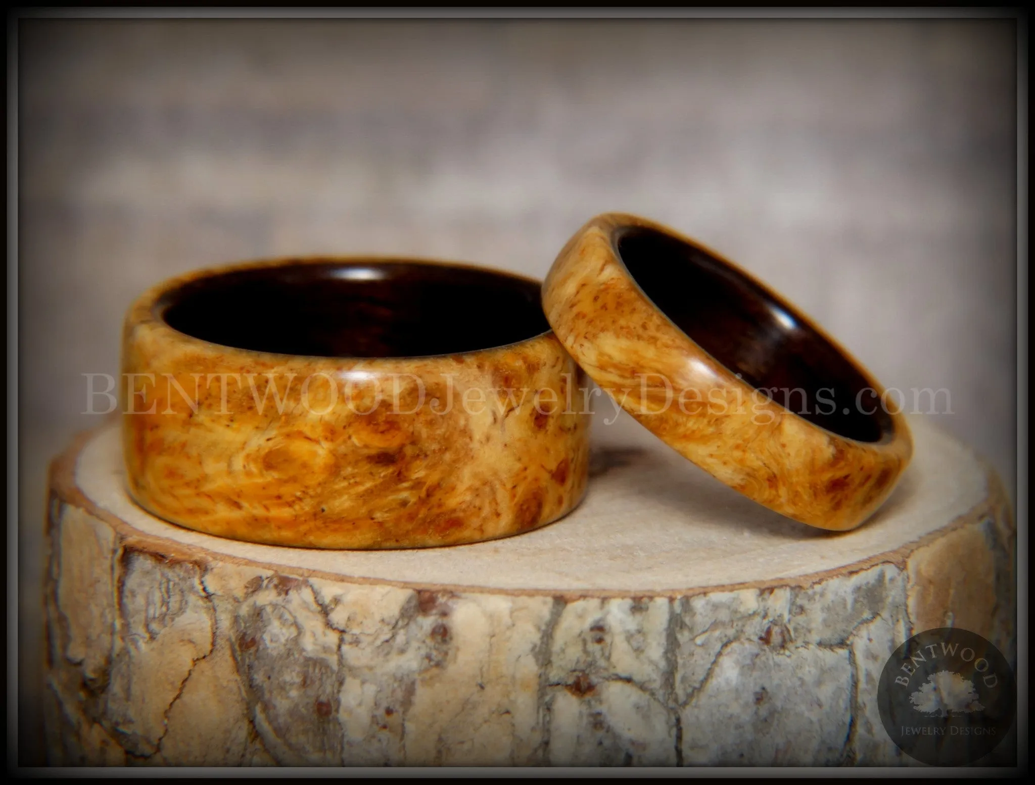 Bentwood Rings Set - Golden Pair Gold Amboyna Burl on Ebony Wood Core Set