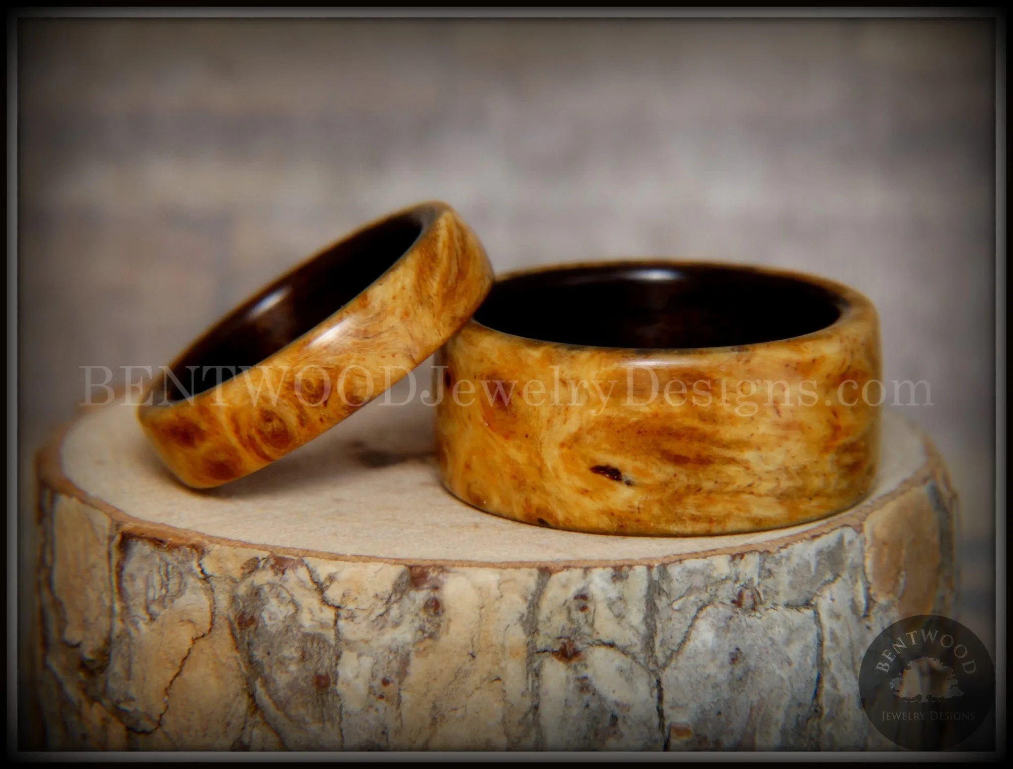 Bentwood Rings Set - Golden Pair Gold Amboyna Burl on Ebony Wood Core Set