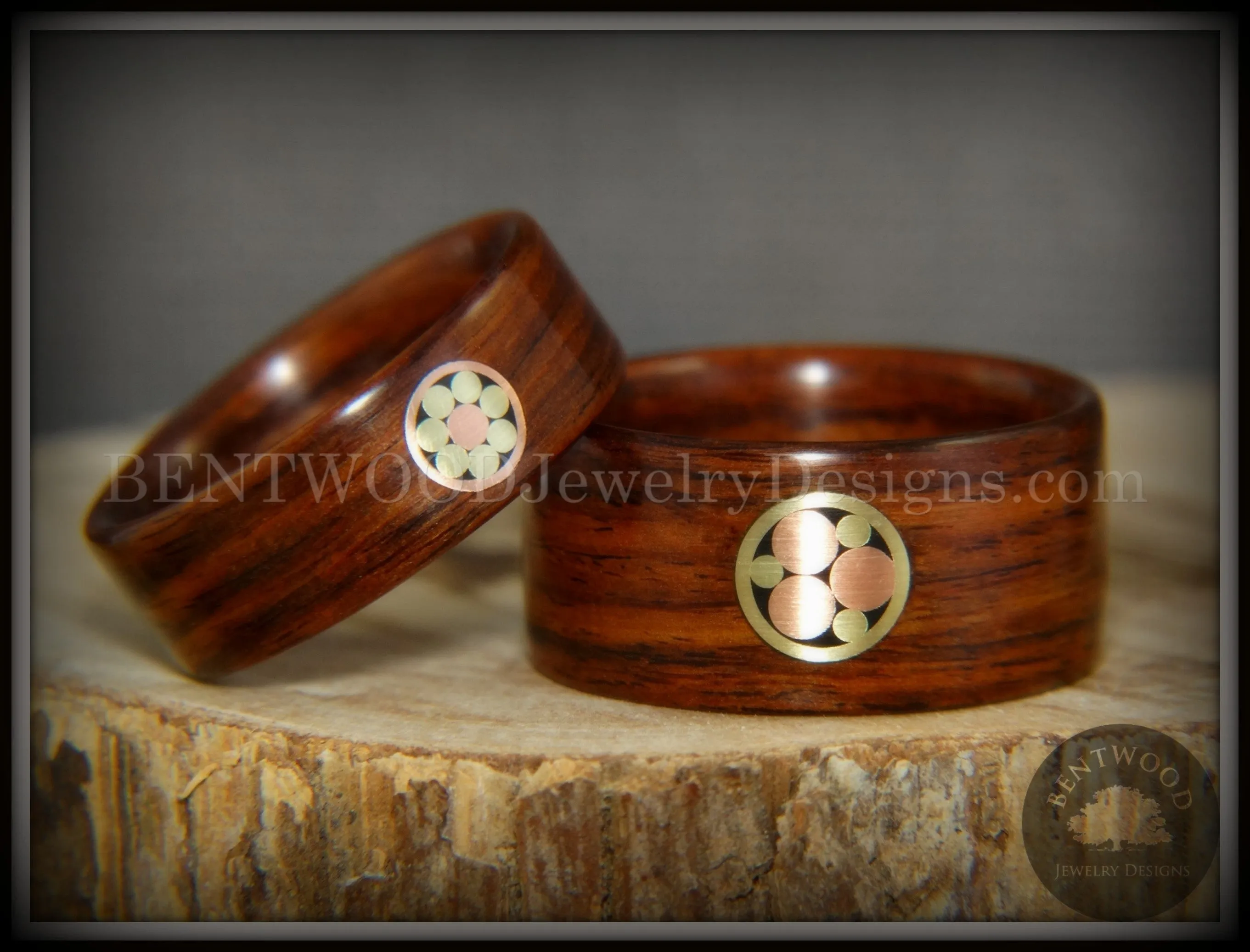 Bentwood Rings Set - Metal Mosaic Kingwood Rings with Copper & Brass Pattern Inlay