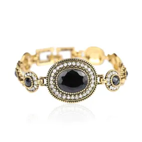 Black Crystal and Gold Link Antique Bracelet